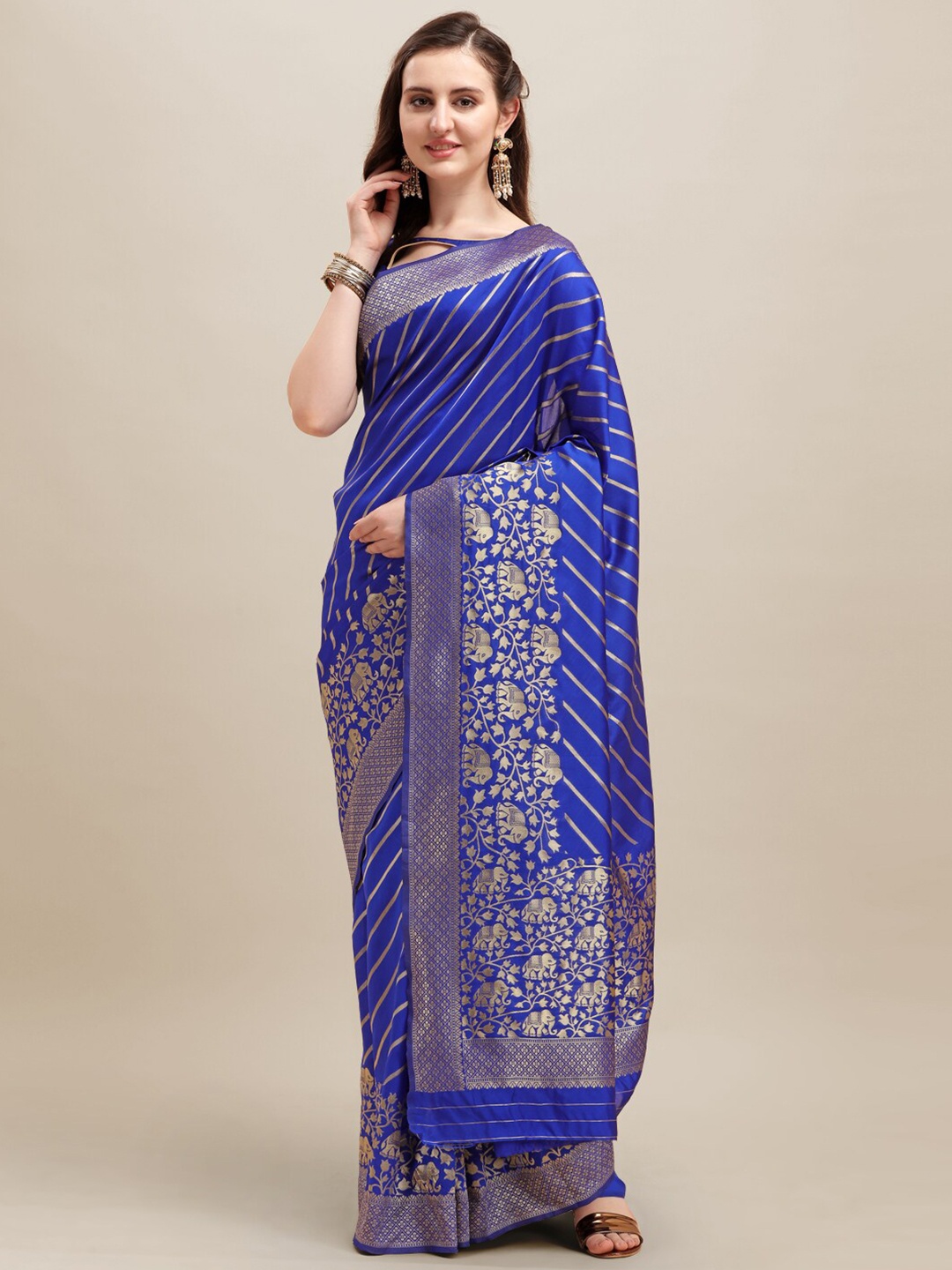 

KALINI Striped Zari Silk Cotton Banarasi Saree, Turquoise blue