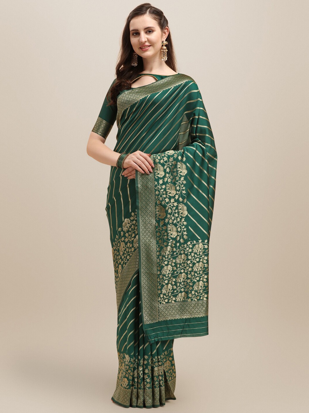 

KALINI Striped Zari Silk Cotton Banarasi Saree, Green