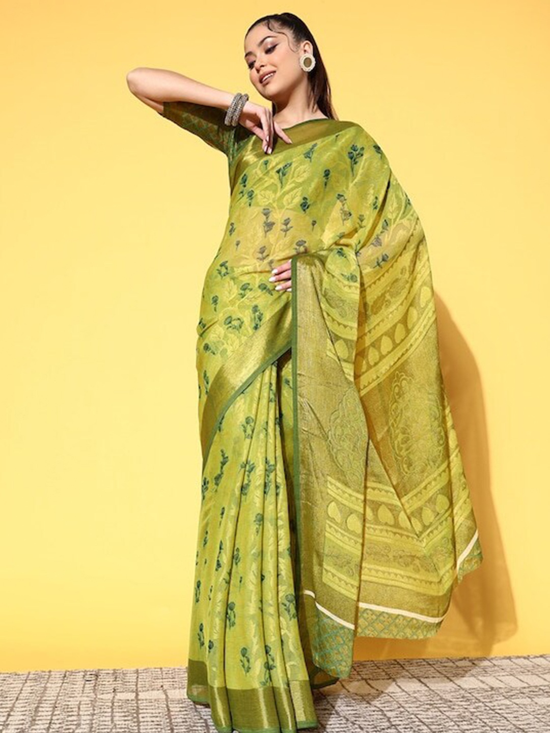 

KALINI Floral Zari Pure Chiffon Saree, Green