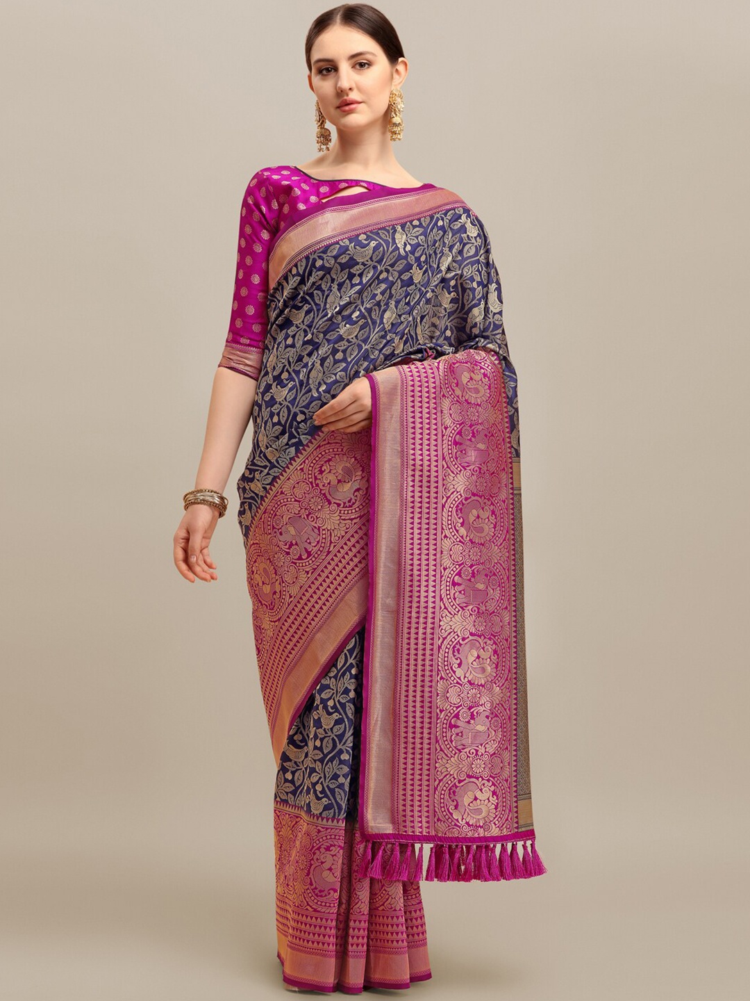 

KALINI Floral Printed Zari Banarasi Saree, Navy blue