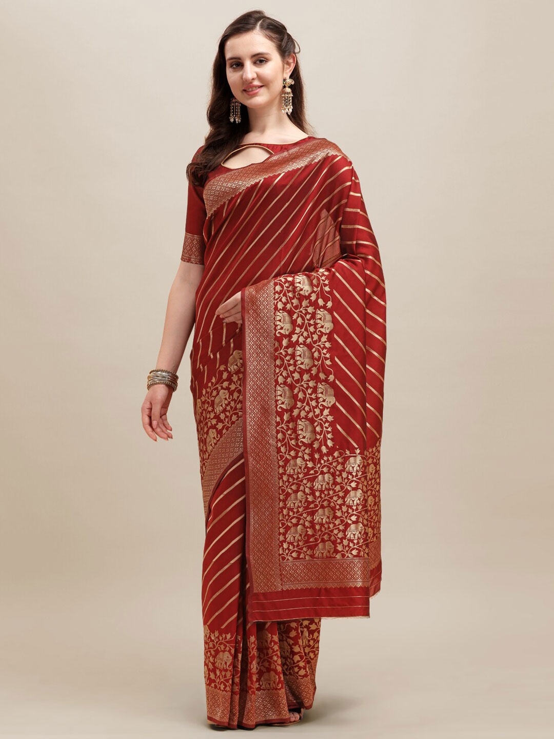 

KALINI Striped Zari Silk Cotton Banarasi Saree, Maroon