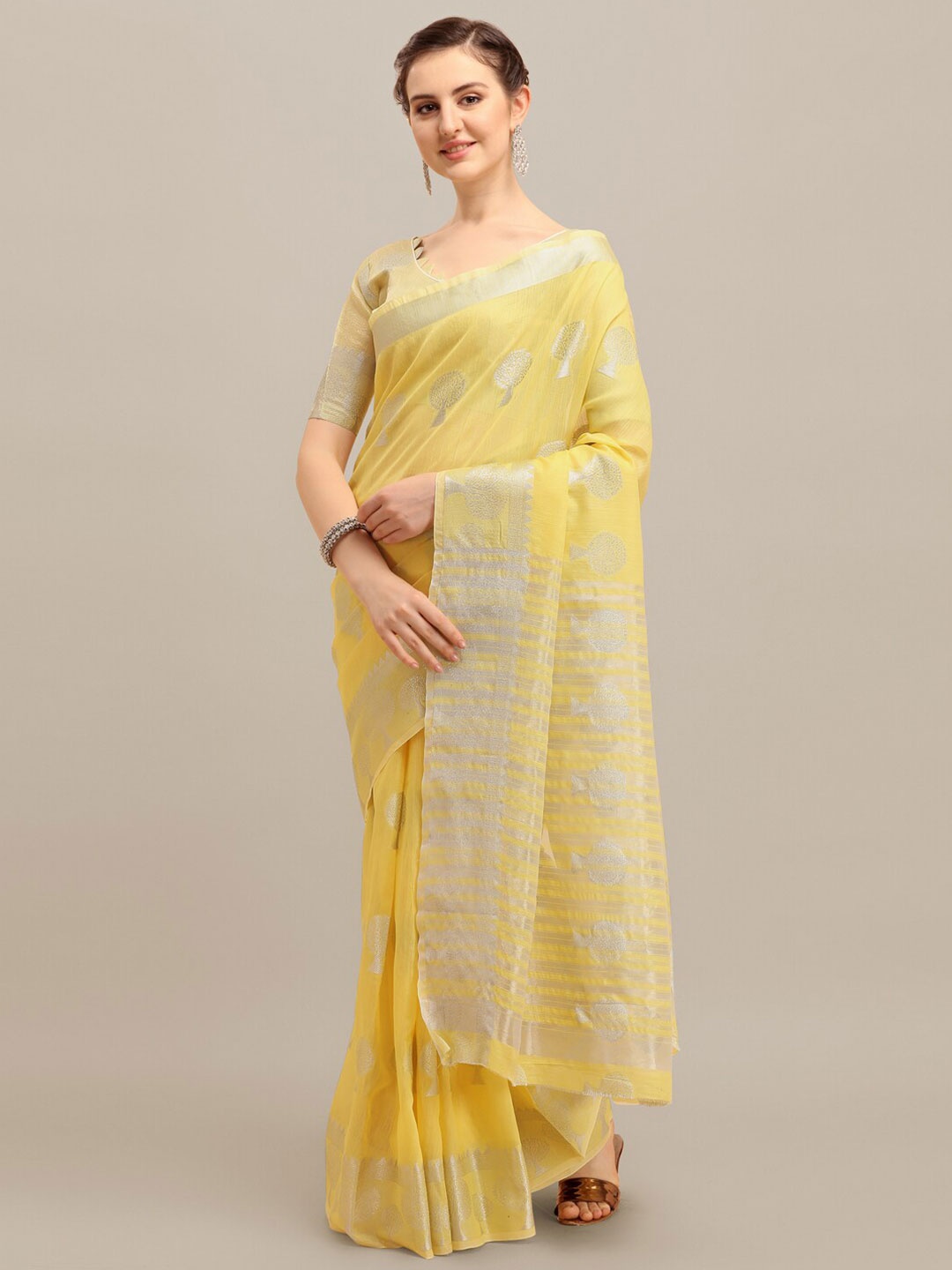 

KALINI Ethnic Woven Design Zari Silk Cotton Banarasi Saree, Yellow
