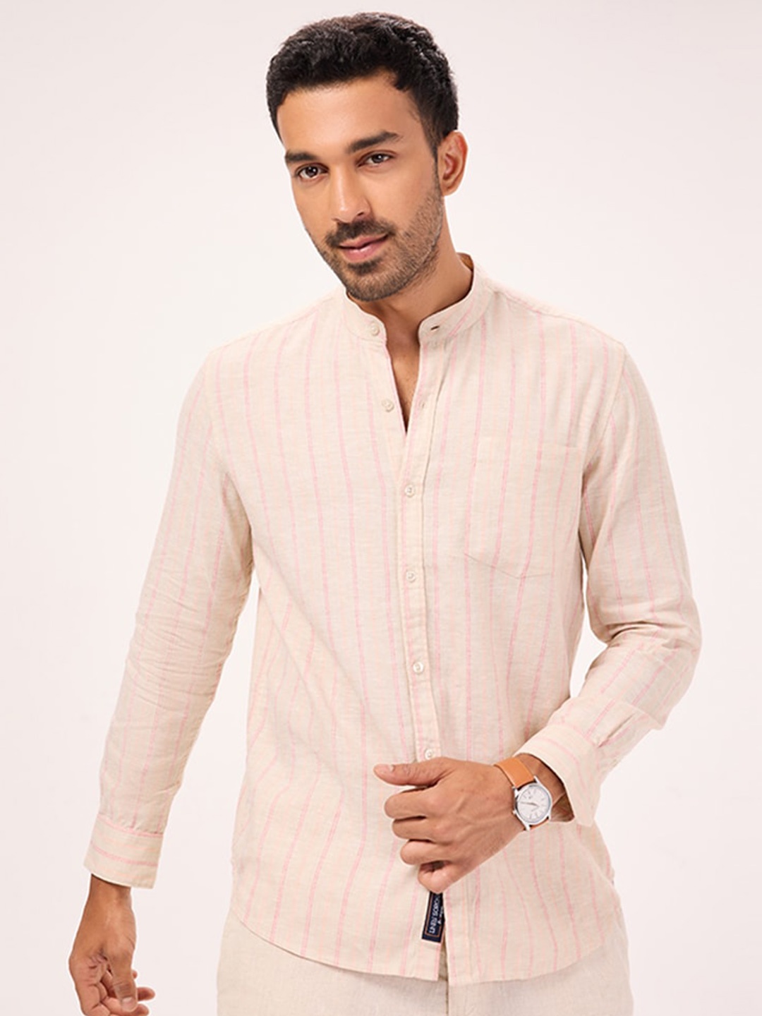 

Bombay High Comfort Striped Spread Collar Curved Cotton Casual Shirt, Beige