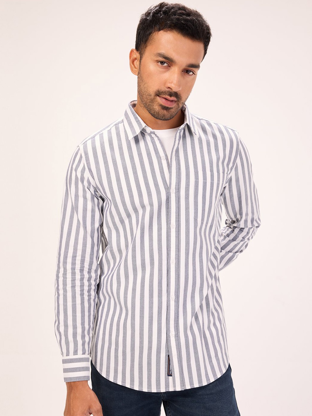 

Bombay High Comfort Striped Spread Collar Curved Cotton Casual Shirt, Grey
