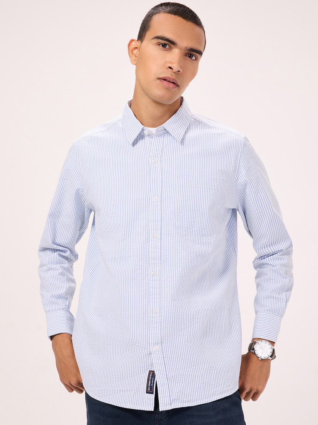 

Bombay High Comfort Striped Spread Collar Curved Cotton Casual Shirt, Blue