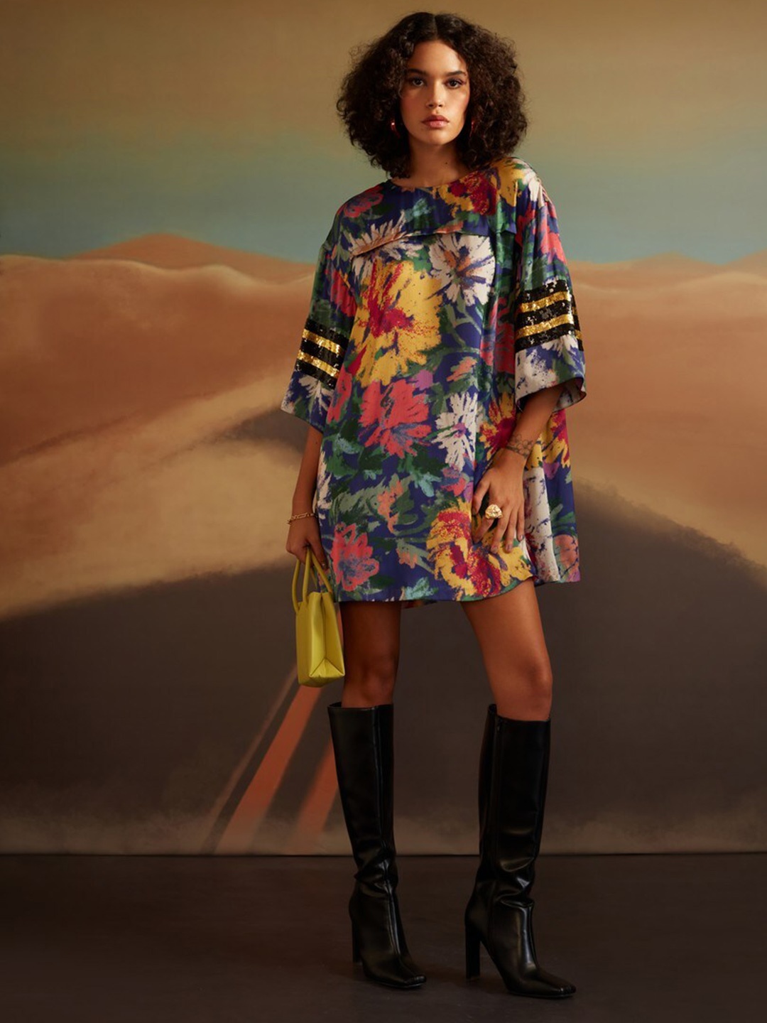 

VERB BY PALLAVI SINGHEE Floral Printed Flared Sleeves Sequined Crepe Mini A-Line Dress, Blue