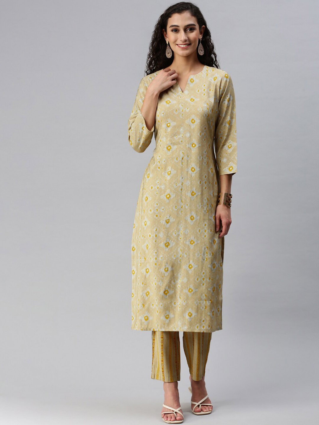 

KALINI Floral Printed Straight Chanderi Cotton Kurta with Trousers, Gold