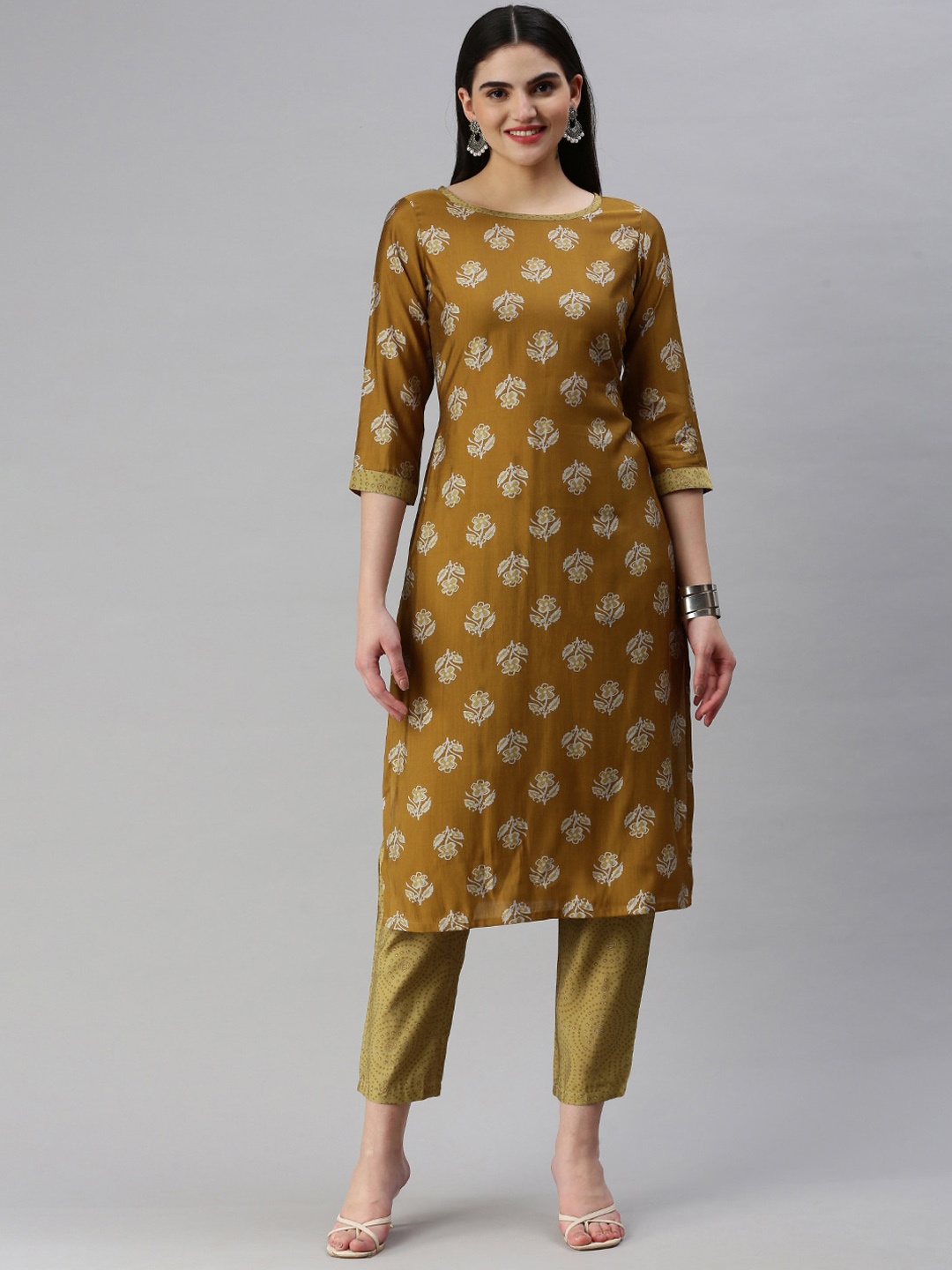 

KALINI Floral Printed Chanderi Silk Straight Kurta With Trouser, Mustard