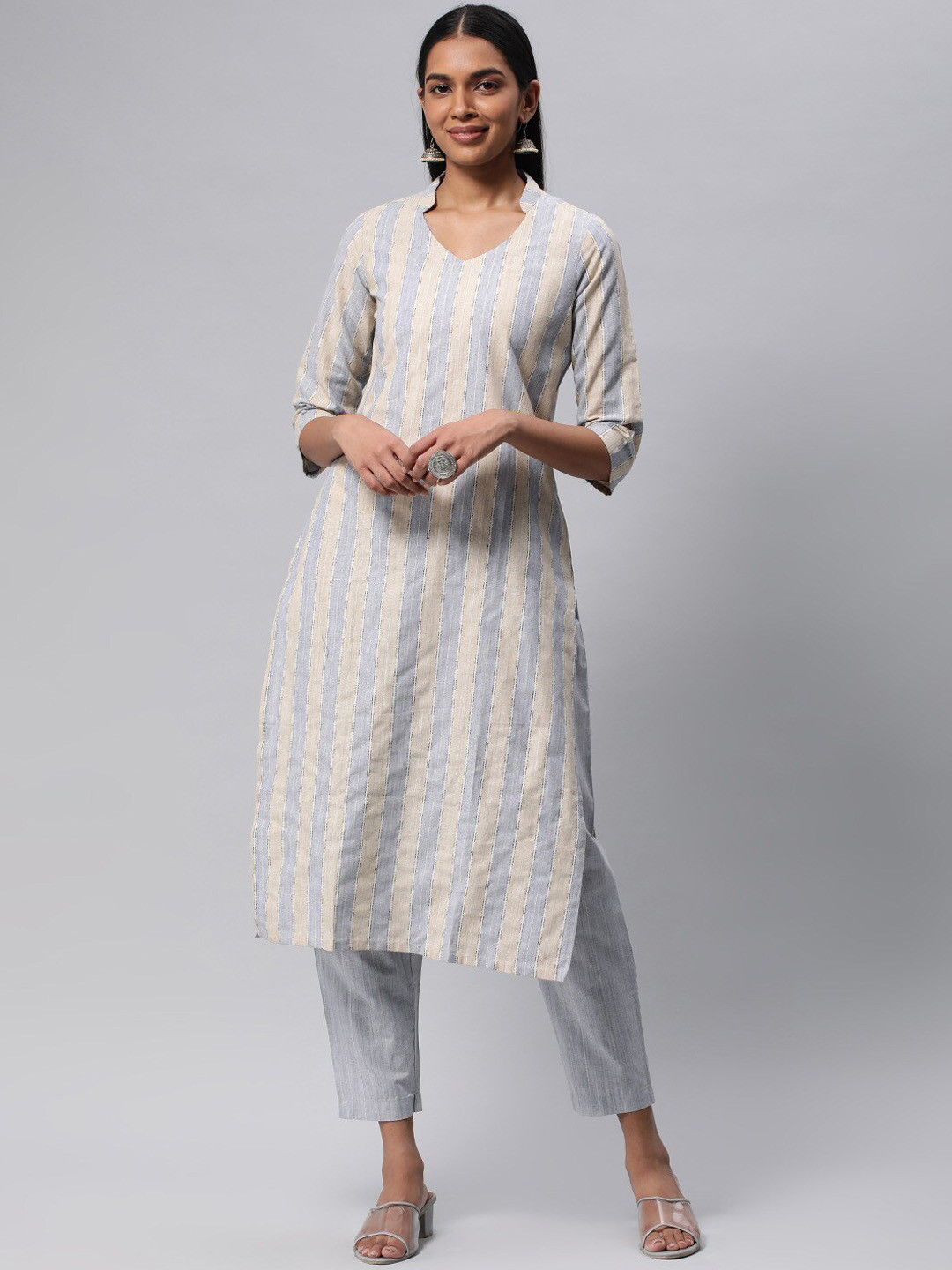 

KALINI Striped V-Neck Straight Kurta with Trousers, Blue