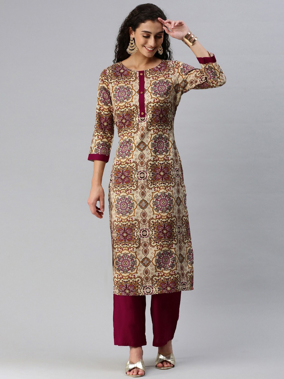 

KALINI Floral Printed Straight Kurta with Trousers, Beige