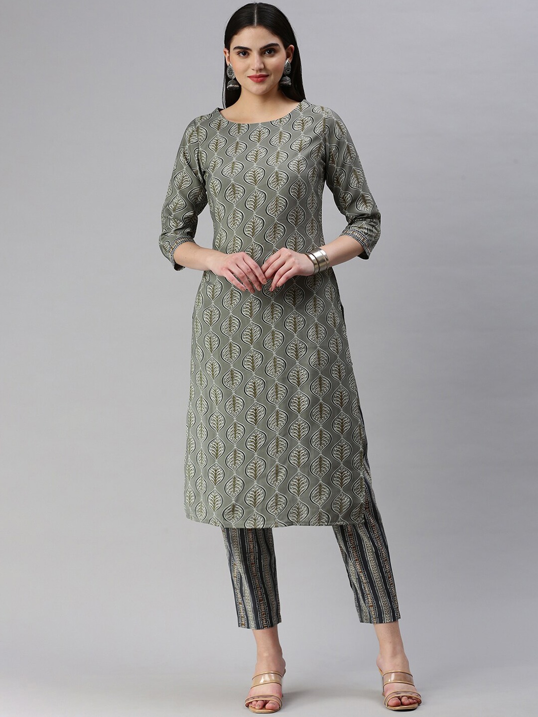 

KALINI Ethnic Motifs Printed Chanderi Silk Straight Kurta With Trouser, Grey