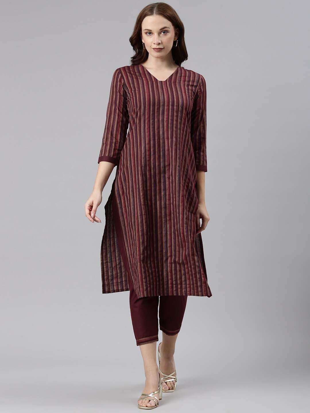 

KALINI Striped Straight Kurta with Trousers, Maroon