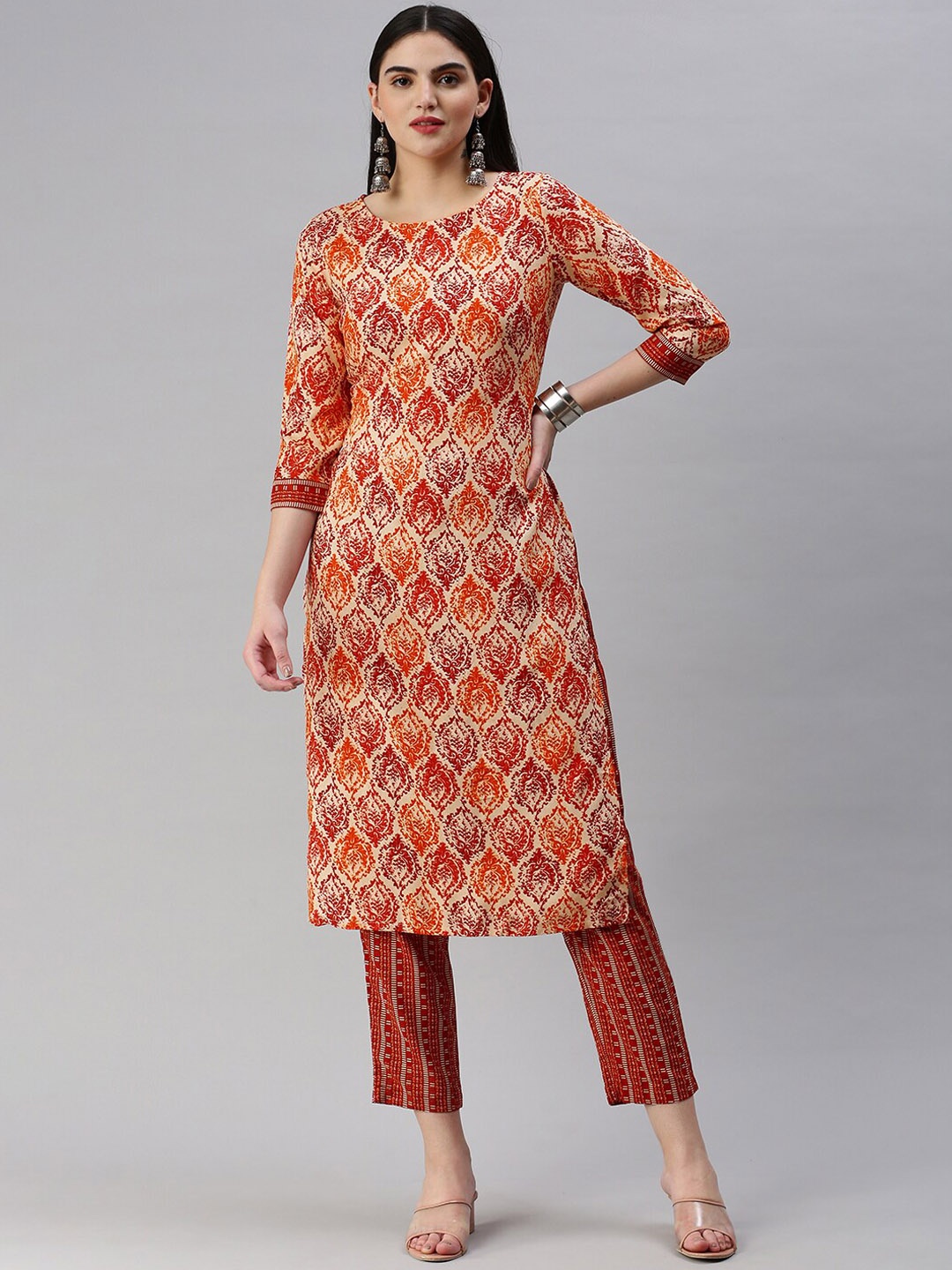 

KALINI Floral Printed Round Neck Straight Kurta with Trousers, Orange