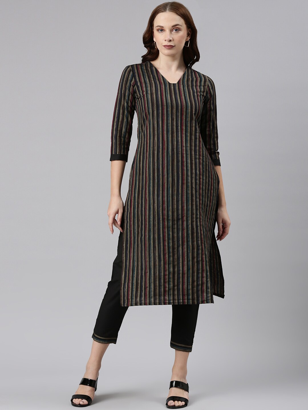 

KALINI Striped V-Neck Three-Quarter Sleeves Straight Kurta with Trousers, Black