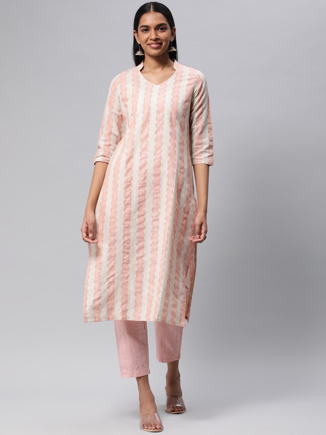 

KALINI Striped Straight Kurta with Trousers, Peach