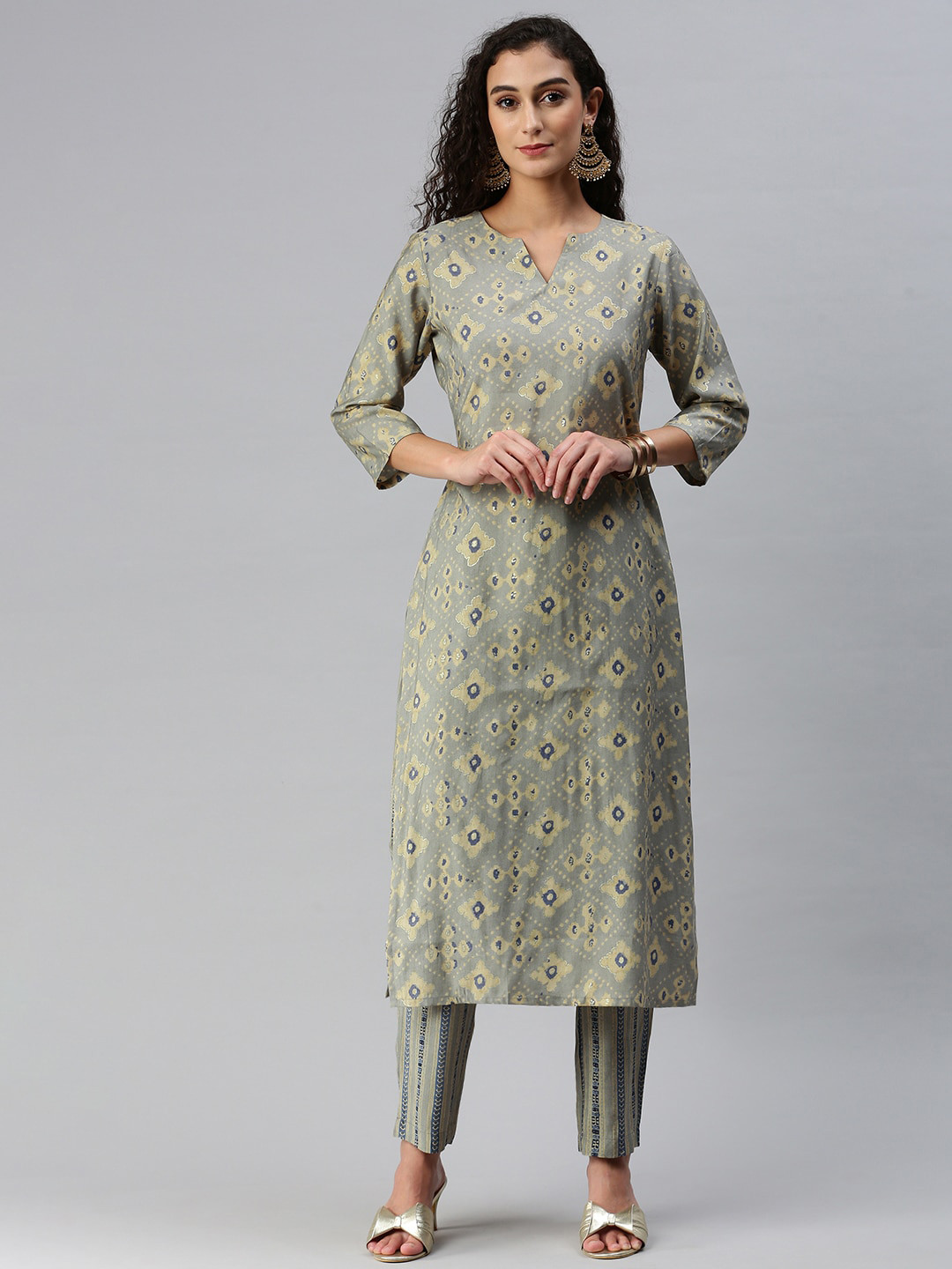 

KALINI Ethnic Motifs Printed Chanderi Cotton Straight Kurta with Trousers, Grey