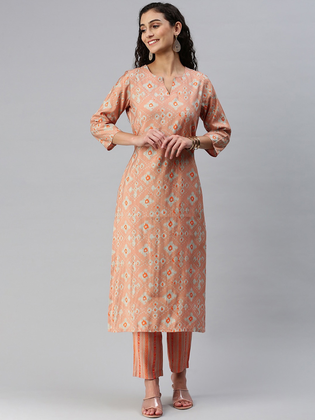 

KALINI Printed Chanderi Cotton Straight Kurta with Trousers, Peach