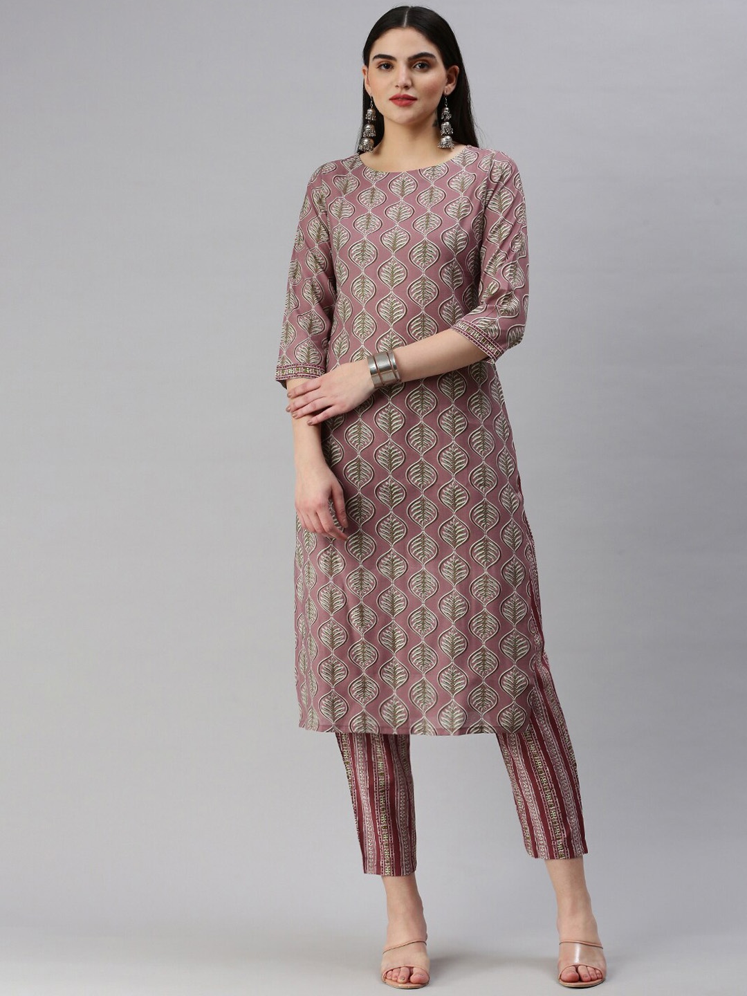 

KALINI Floral Printed Straight Chanderi Cotton Kurta With Trouser, Lavender