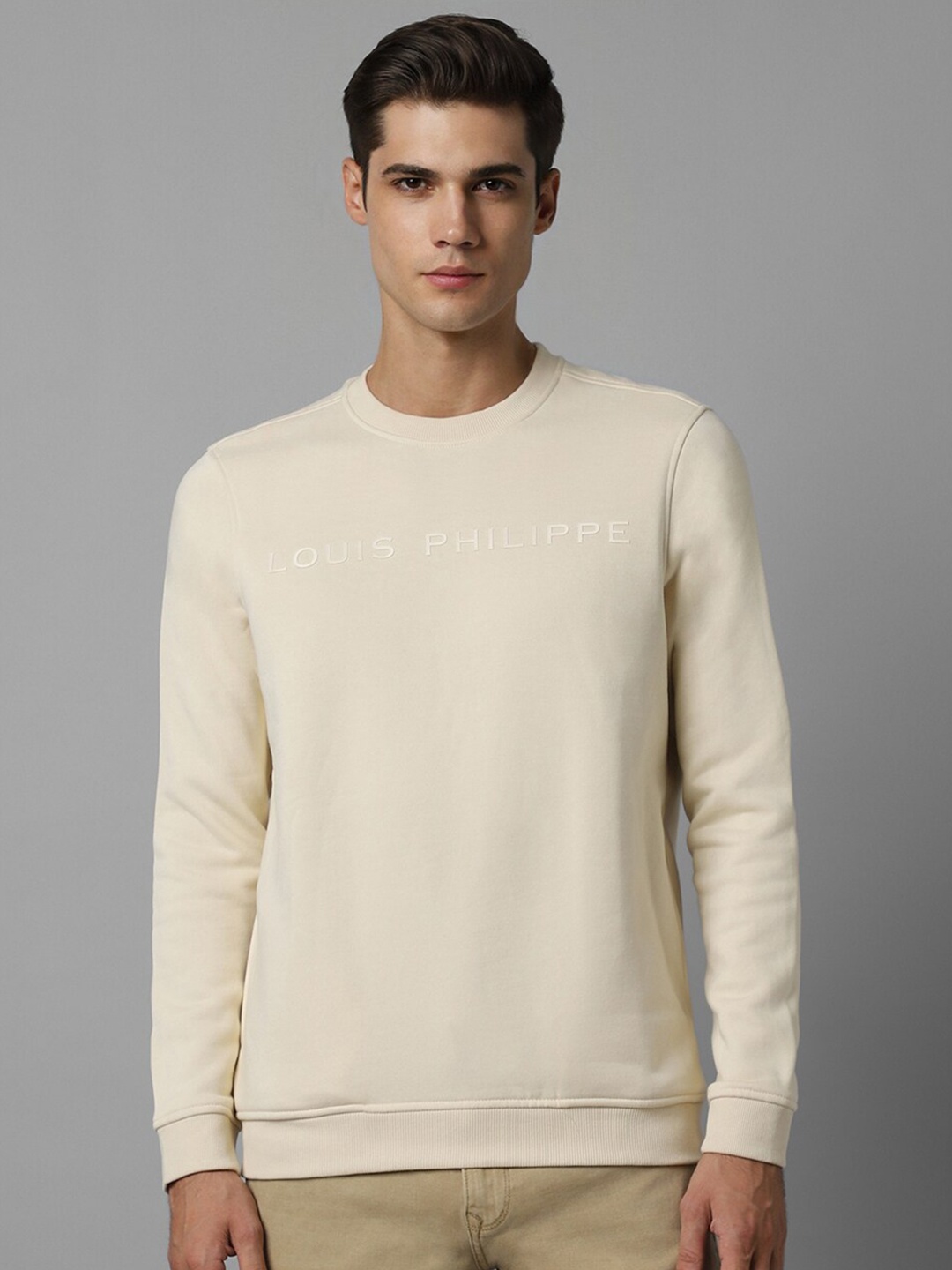 

Louis Philippe Typography Printed Long Sleeves Cotton Sweatshirt, Cream