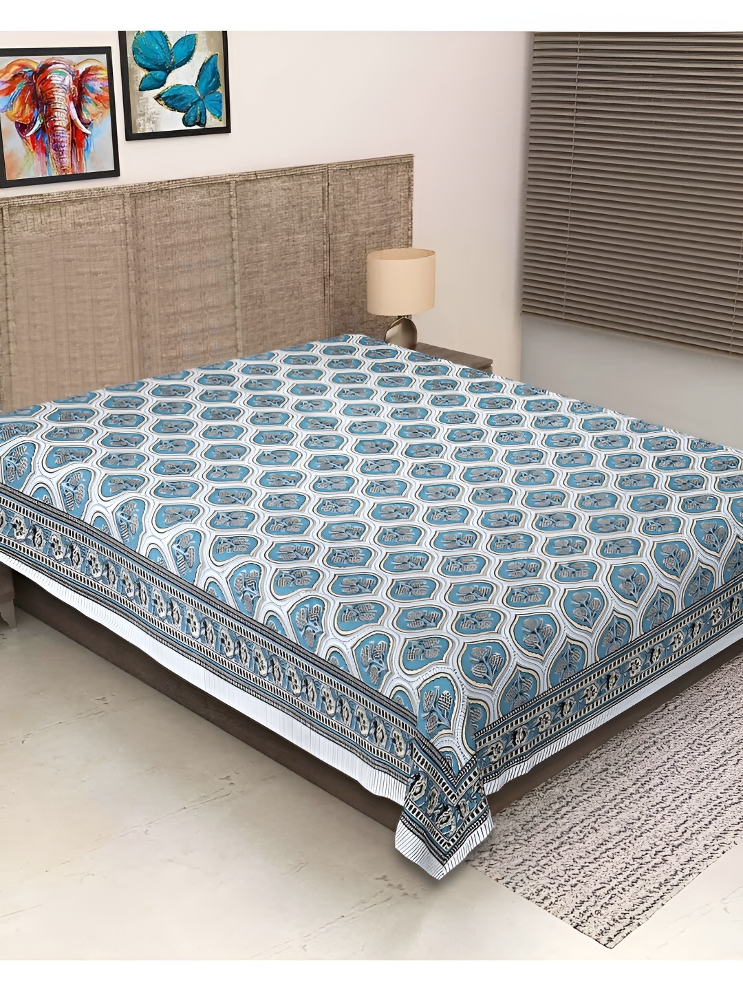 

INDHOME LIFE Blue & Grey Ethnic Motifs 260 TC Pure Cotton Single Bedsheet
