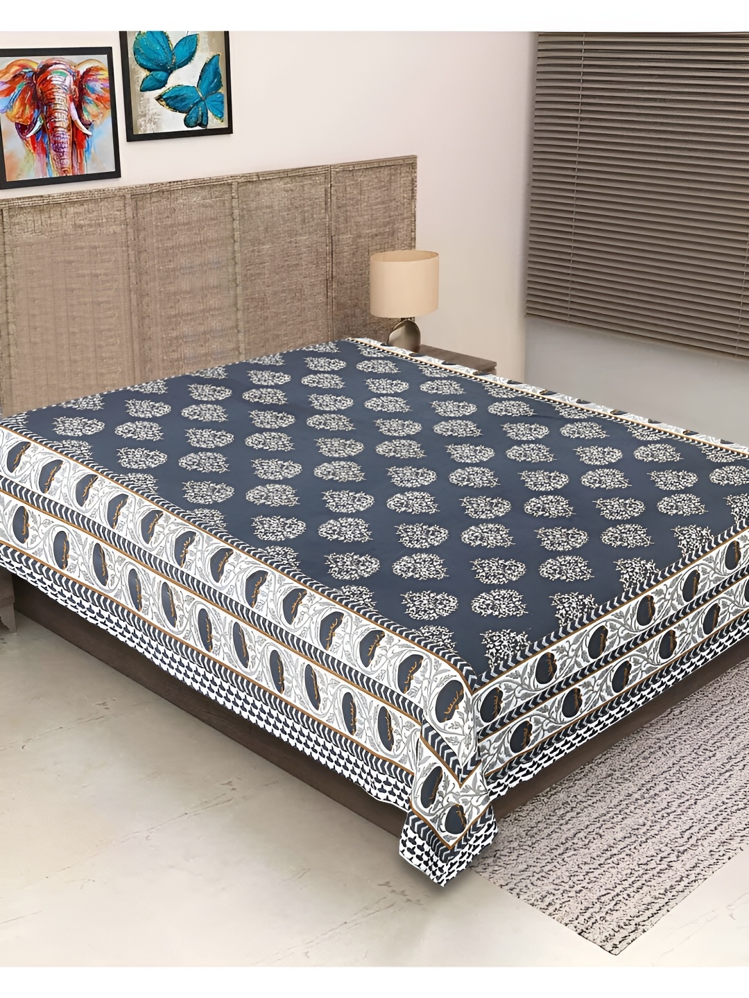 

INDHOME LIFE Blue & White Ethnic Motifs 260 TC Pure Cotton Single Bedsheet