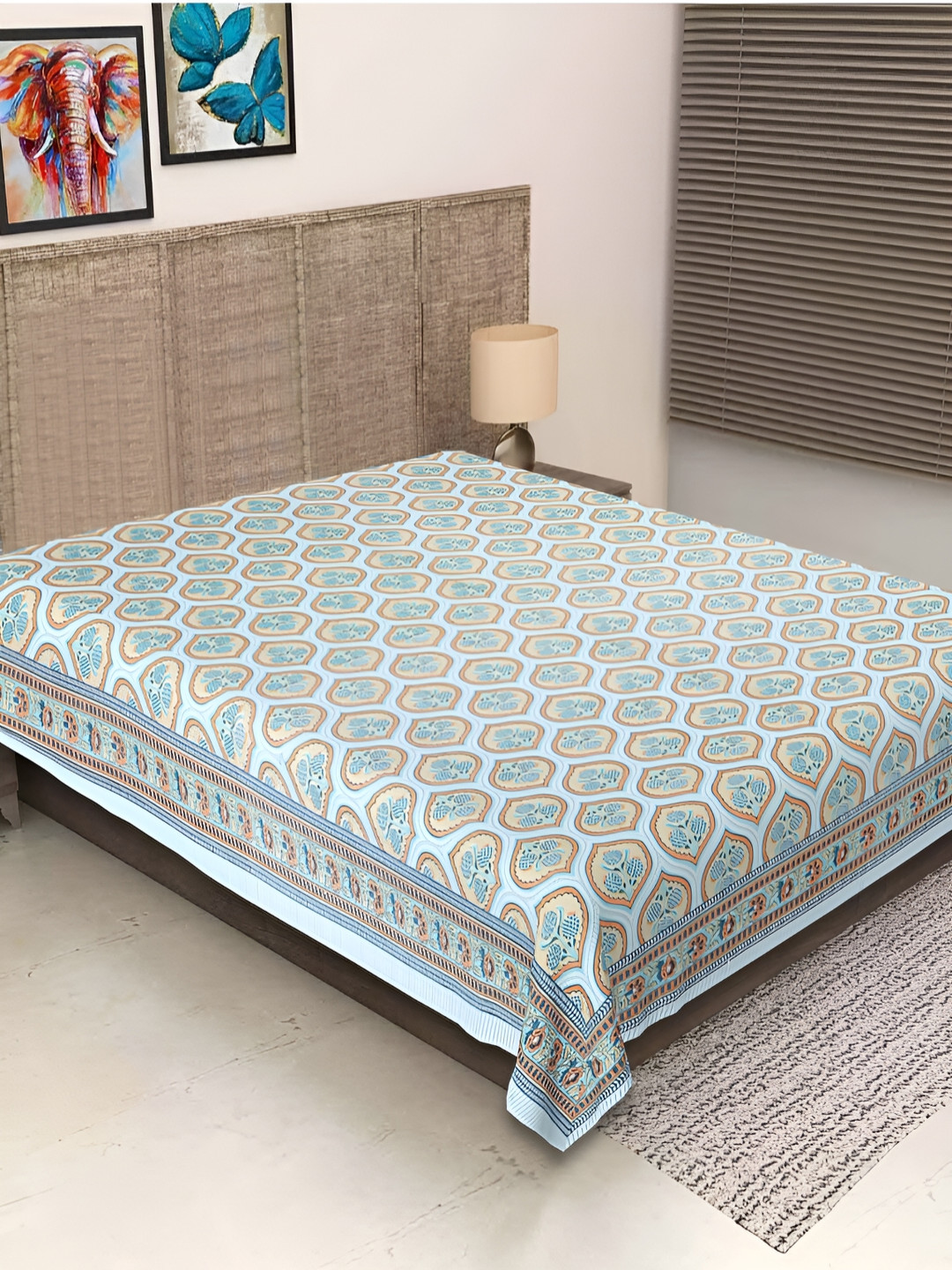 

INDHOME LIFE Beige & Blue Ethnic Motifs 260 TC Pure Cotton Single Bedsheet