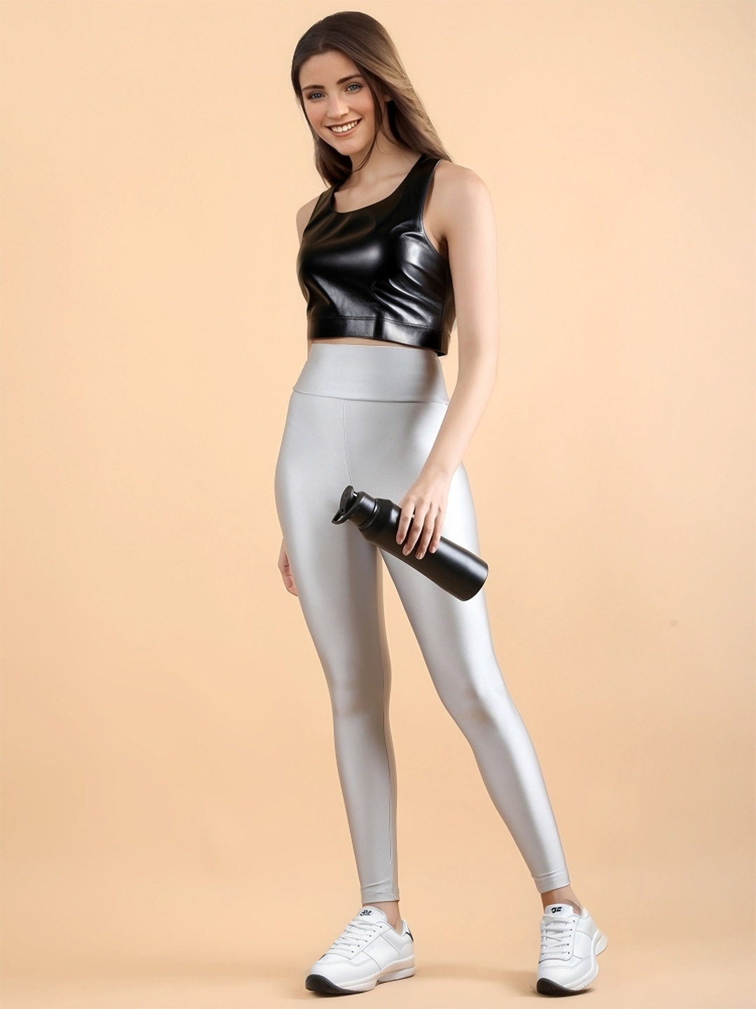 

DUNBERRY LONDON Ankle length High Waist Glossy Shimmer Jeggings, Silver