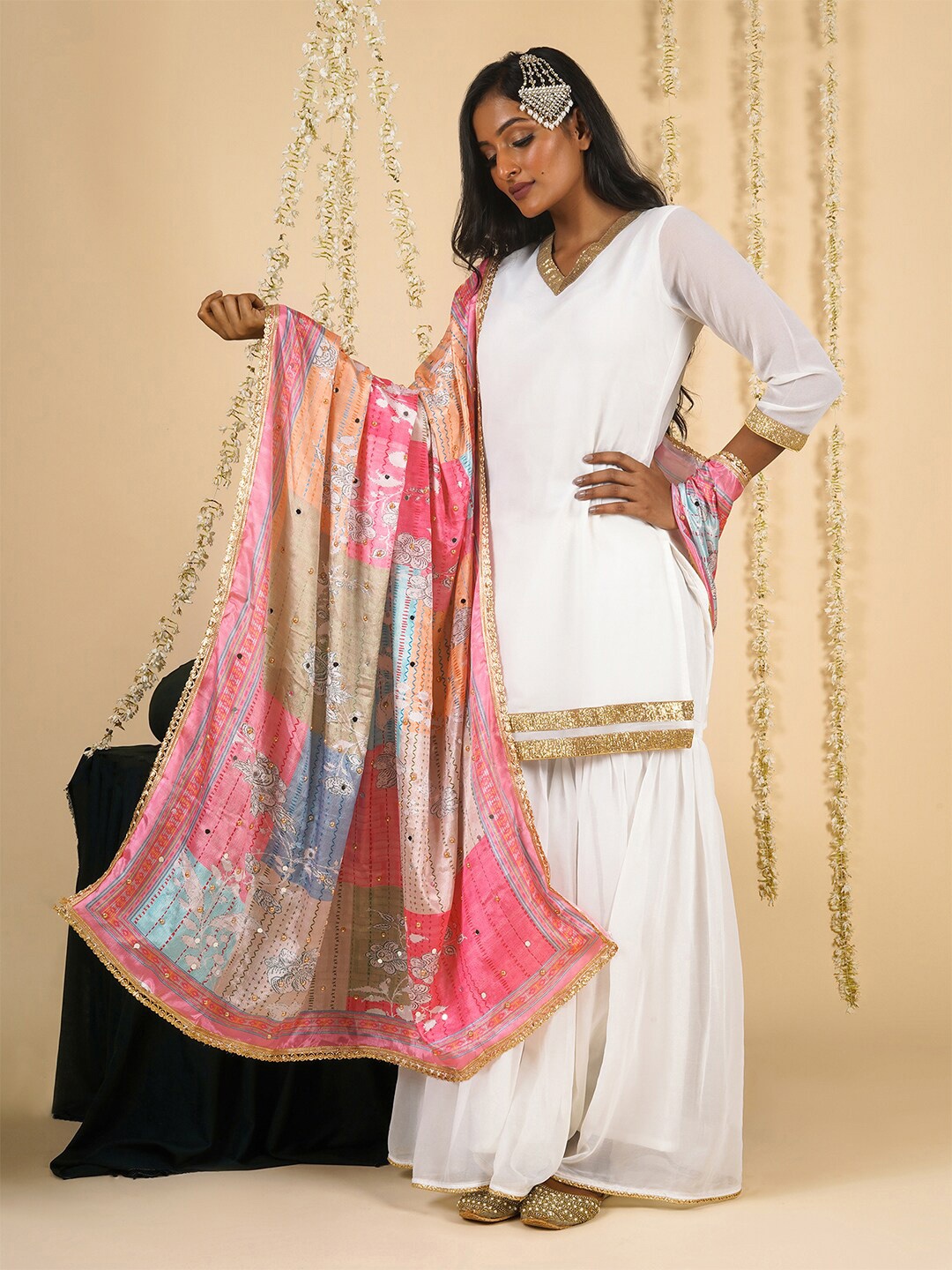 

TEEJH Ethnic Motifs Printed Dupatta With Mirror Work, Blue