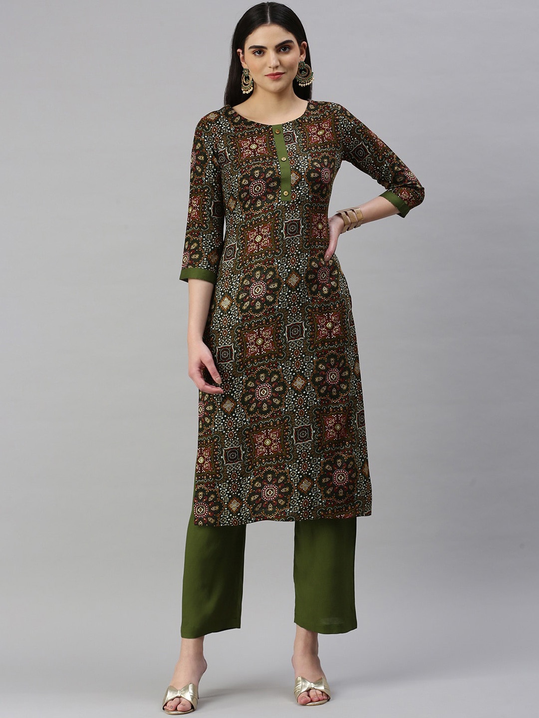 

KALINI Floral Printed Straight Kurta with Trousers, Green