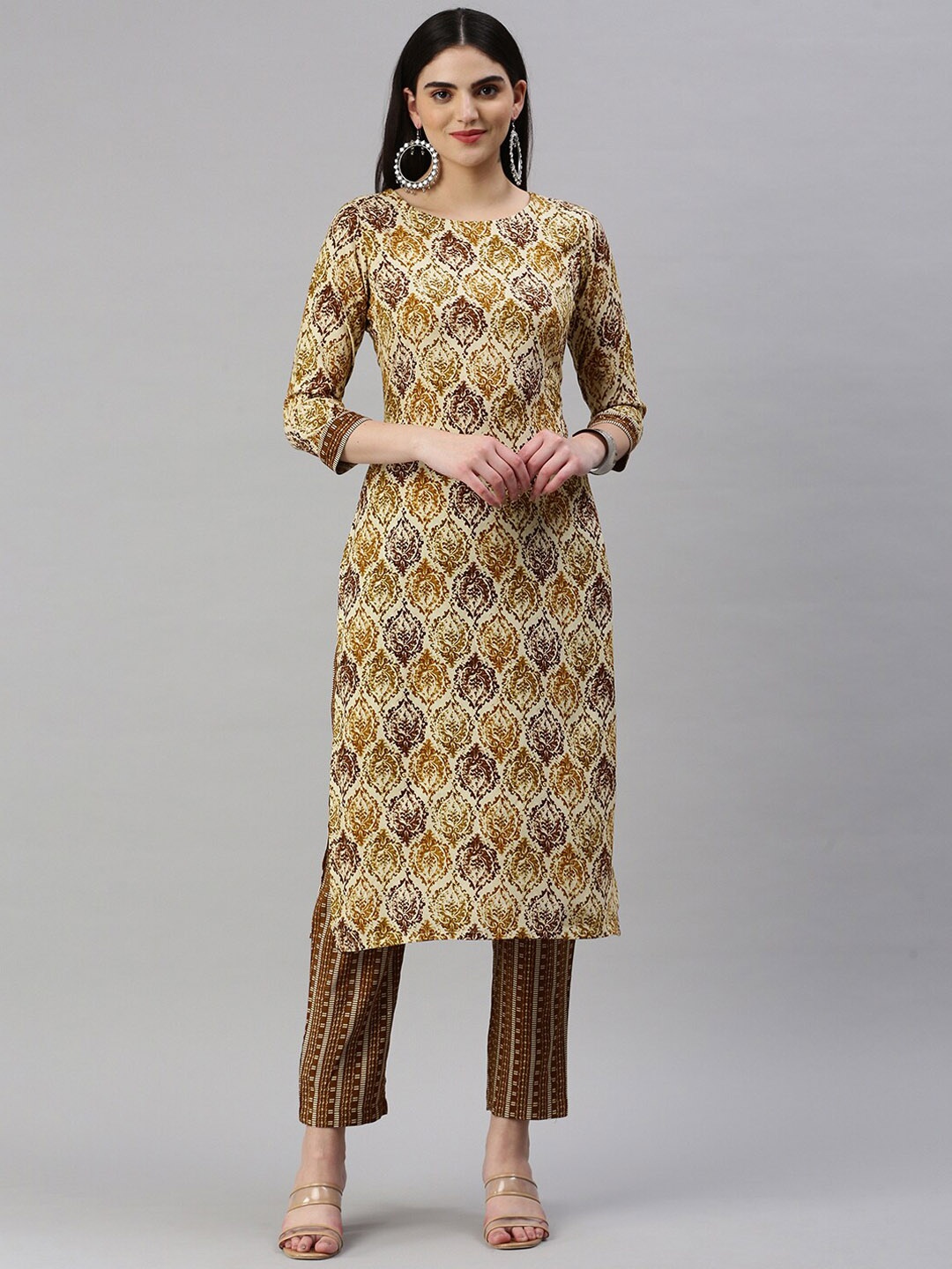 

KALINI Ethnic Motifs Printed Straight Kurta with Trousers, Brown