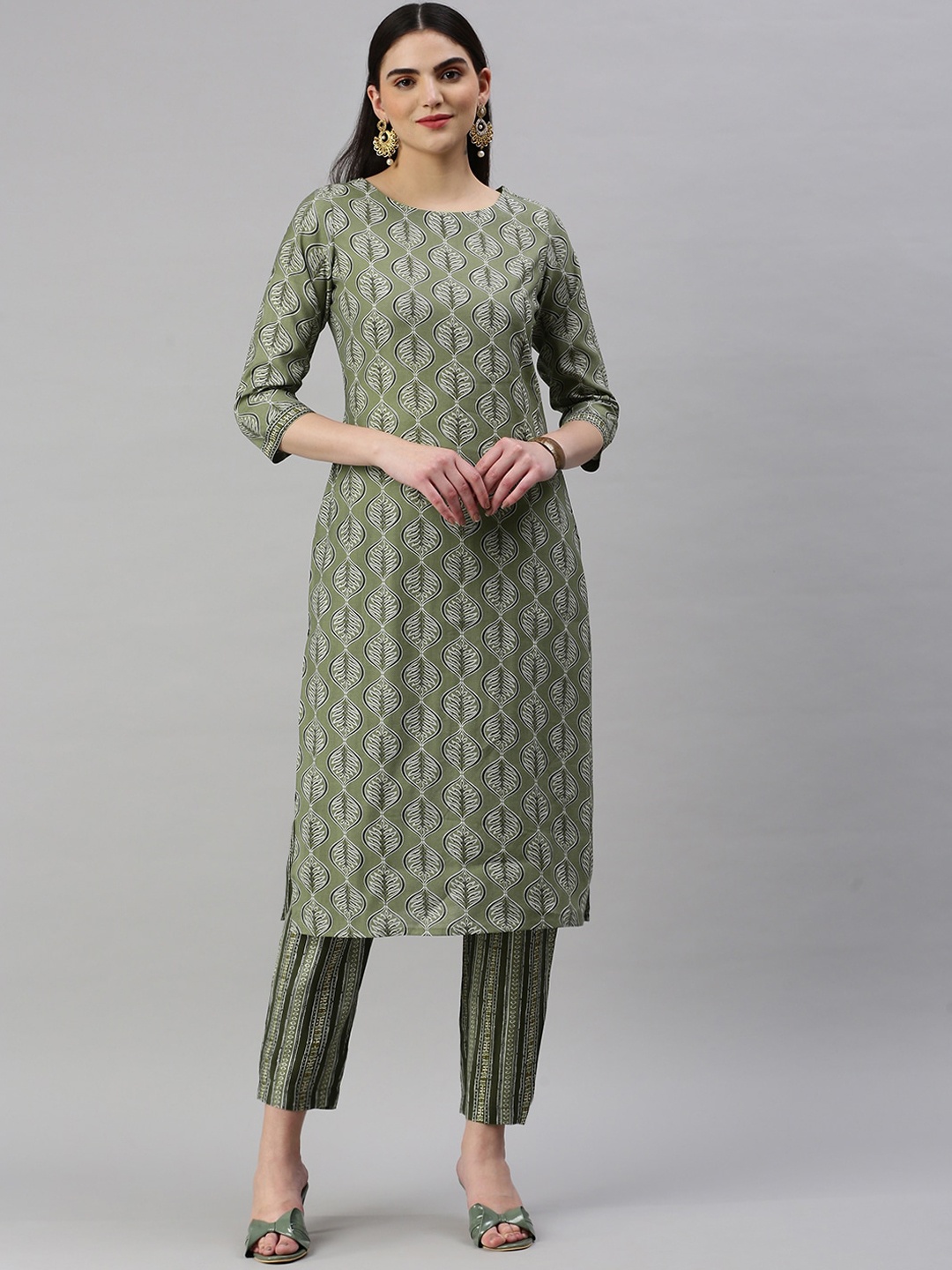 

KALINI Floral Printed Round Neck Chanderi Cotton Straight Kurta with Trousers, Olive