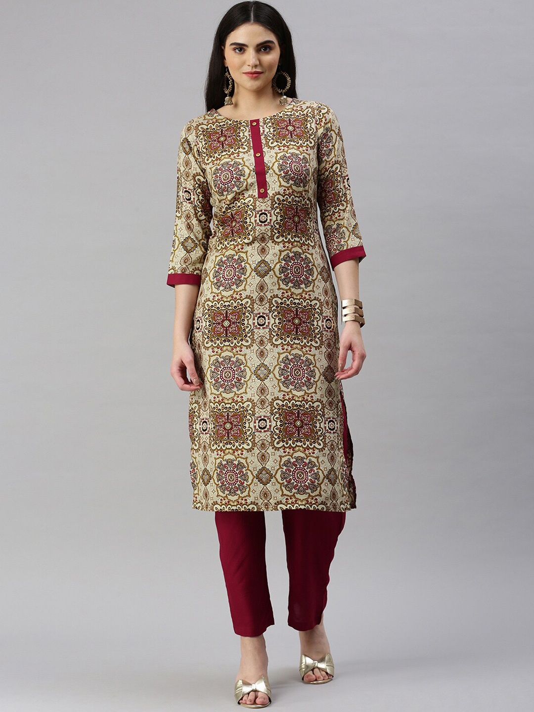 

KALINI Ethnic Motifs Printed Straight Kurta with Trousers, Beige