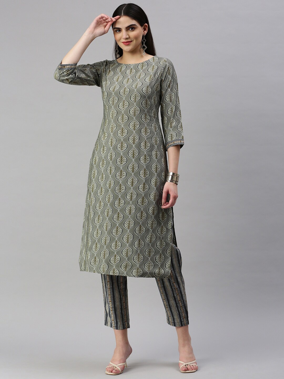 

KALINI Floral Printed Straight Chanderi Cotton Kurta with Trousers, Grey