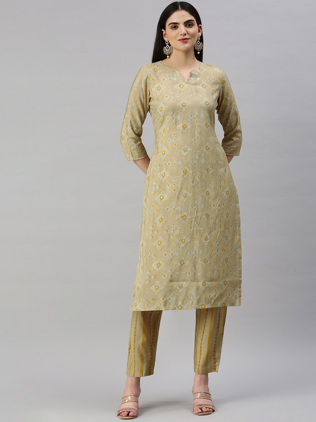 

KALINI Ethnic Motifs Printed Chanderi Cotton Straight Kurta with Trousers, Beige