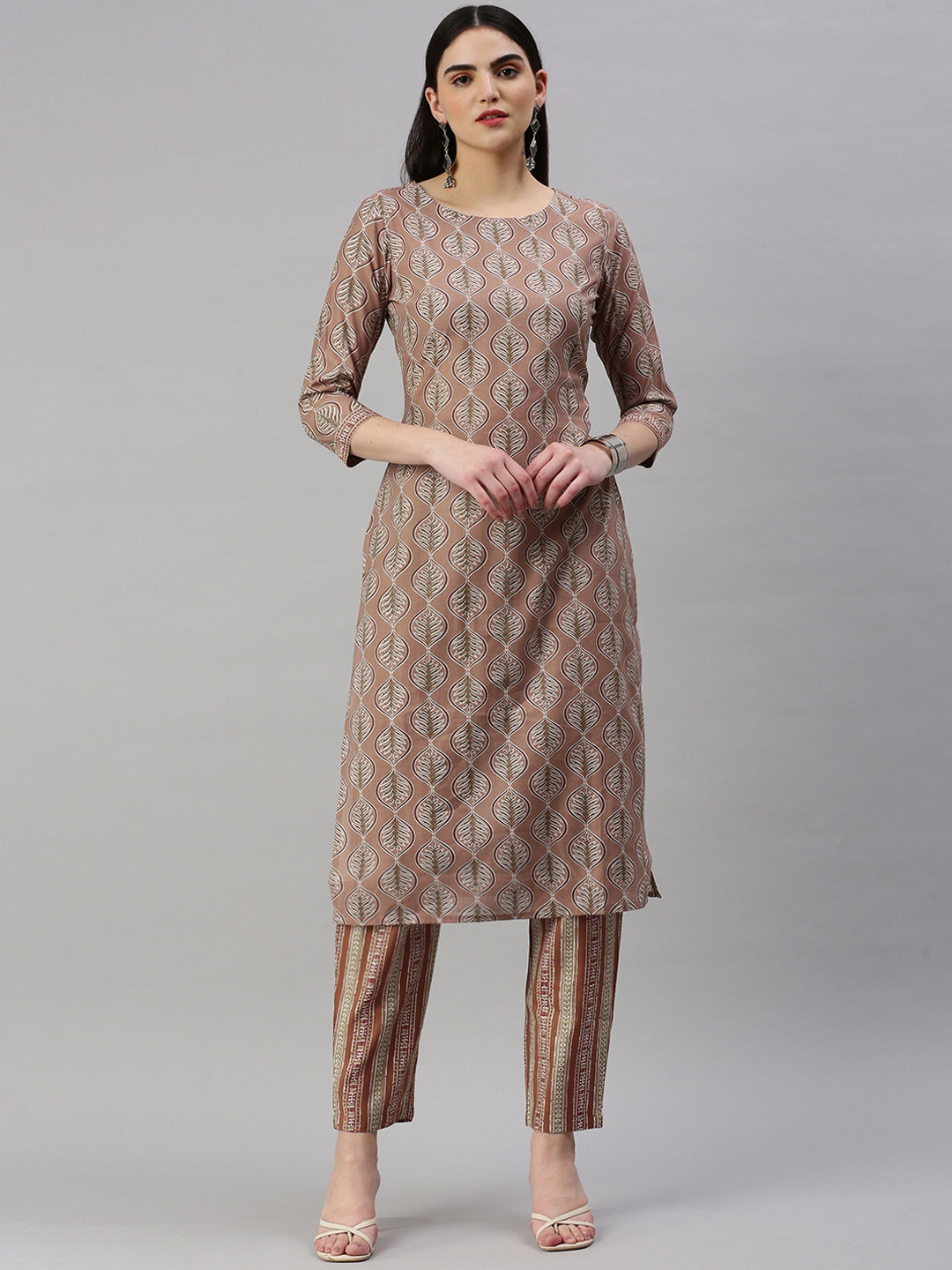 

KALINI Ethnic Motifs Printed Straight Chanderi Cotton Kurta with Trousers, Rust