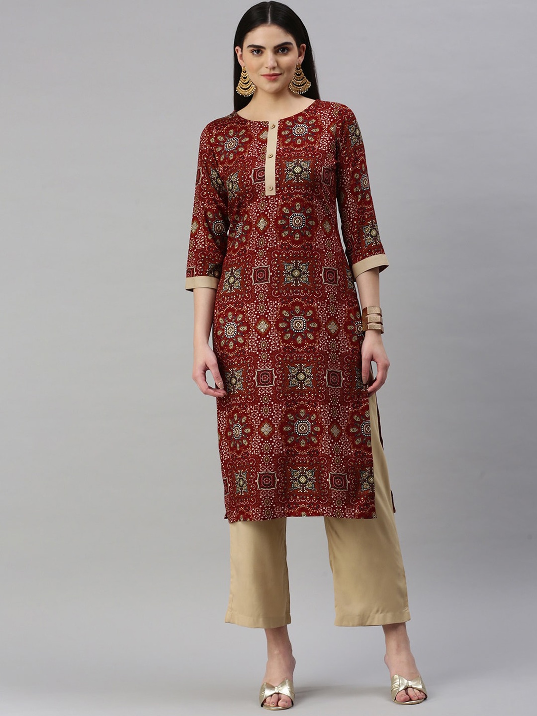 

KALINI Printed Straight Kurta with Trousers, Maroon