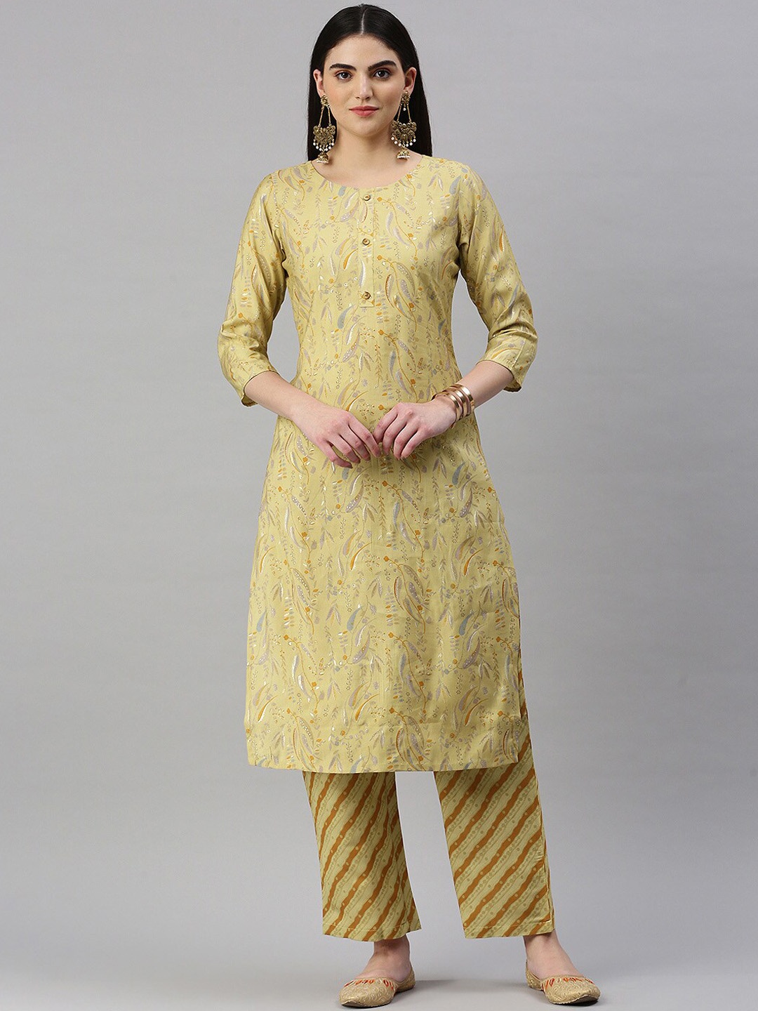 

KALINI Ethnic Motifs Printed Straight Kurta with Trousers, Beige
