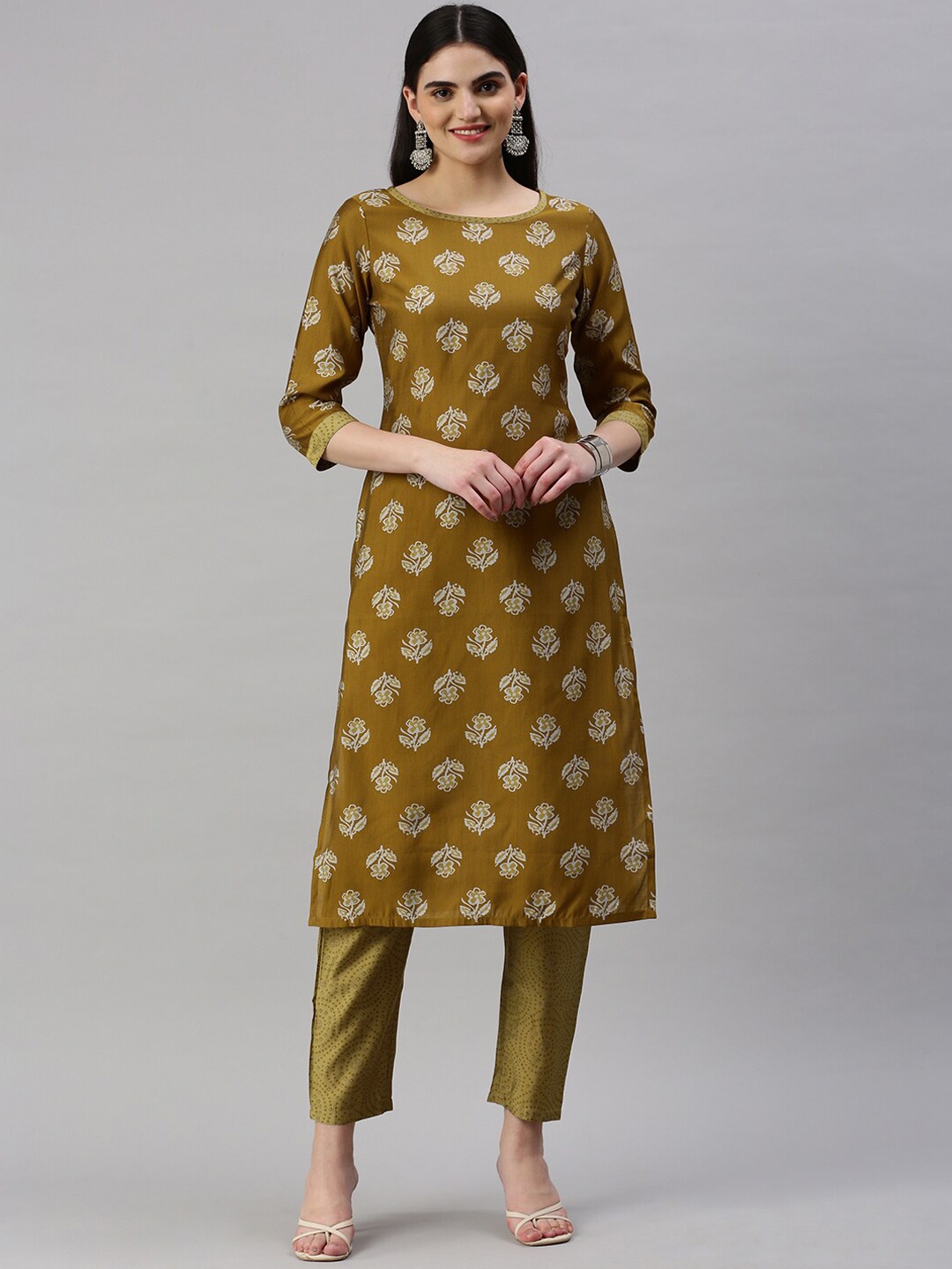 

KALINI Floral Printed Straight Chanderi Silk Kurta with Trousers, Mustard