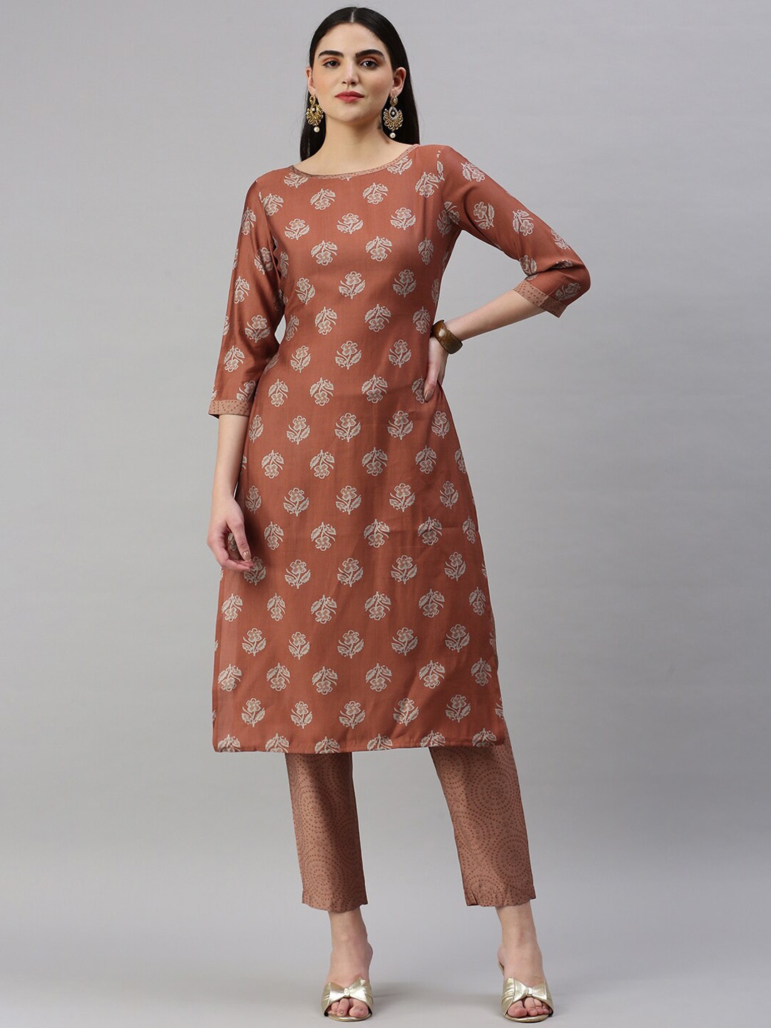 

KALINI Ethnic Motifs Printed Straight Chanderi Silk Kurta with Trousers, Rust