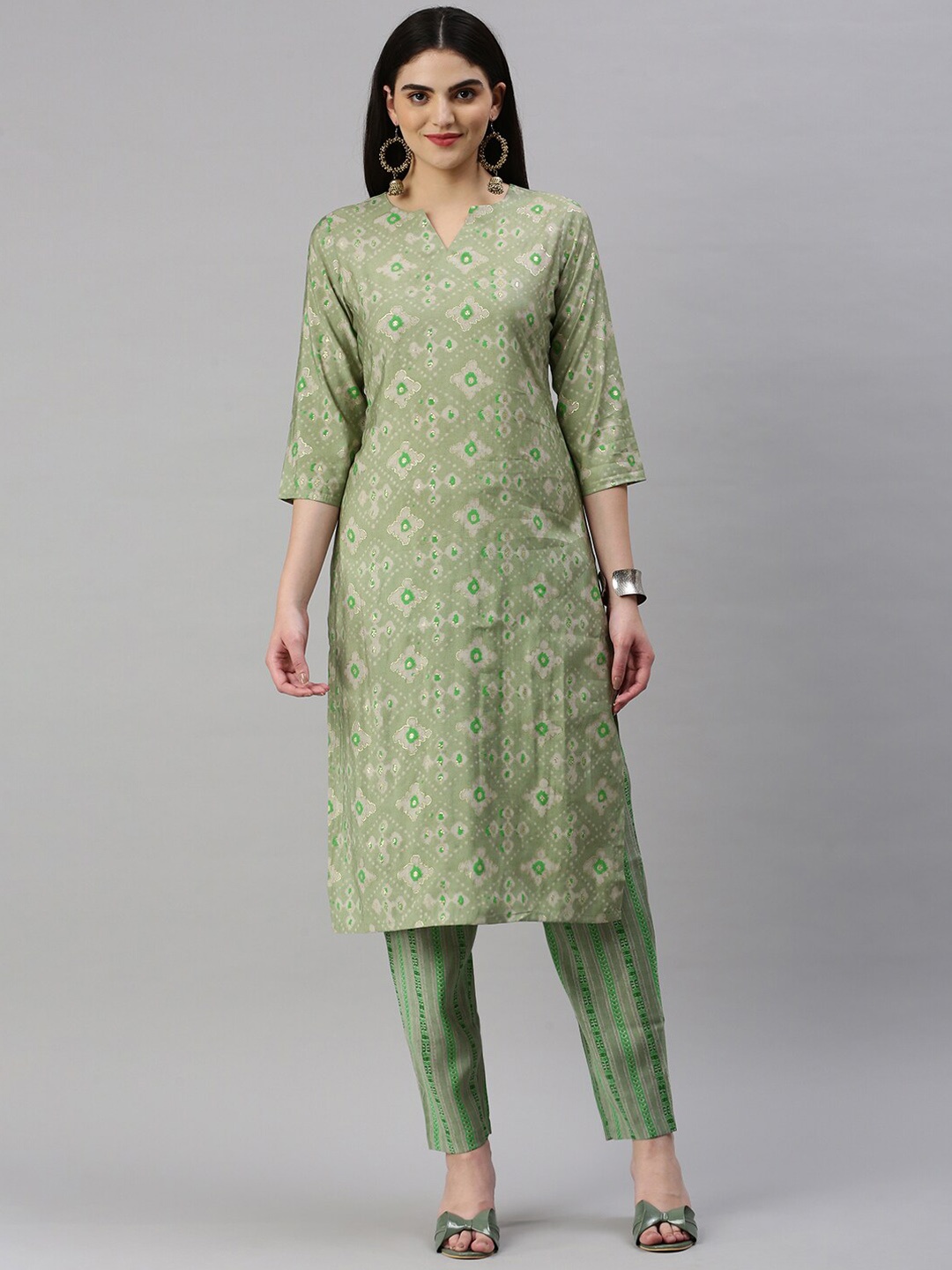 

KALINI Printed Chanderi Cotton Straight Kurta with Trousers, Green