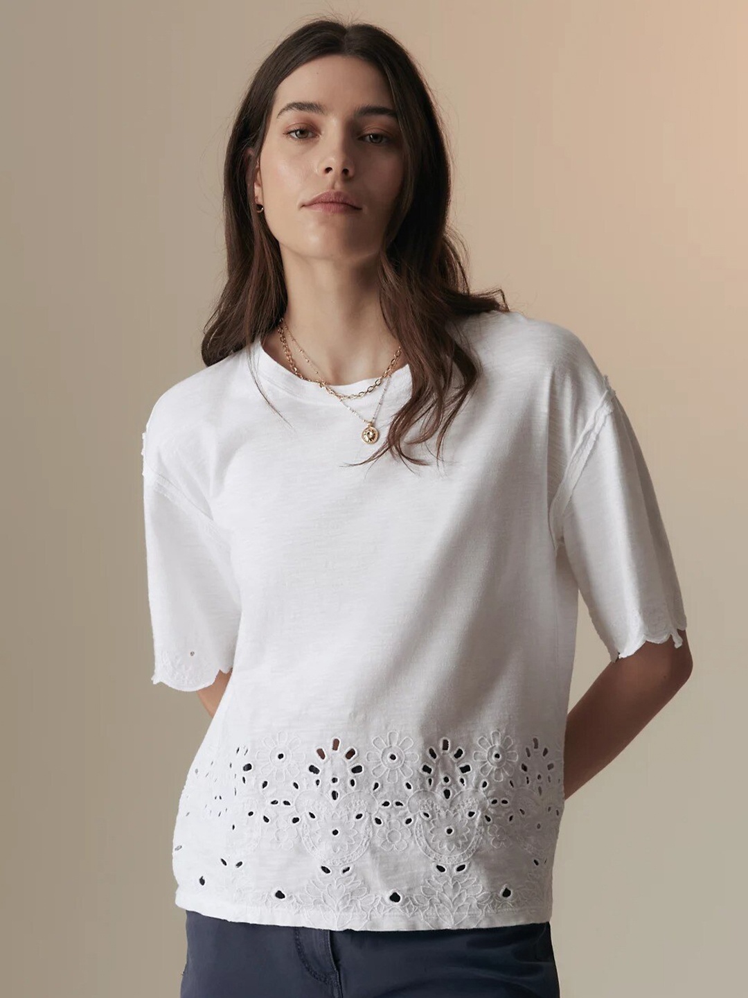 

Marks & Spencer Self Design Broderie Pure Cotton T-shirt, White