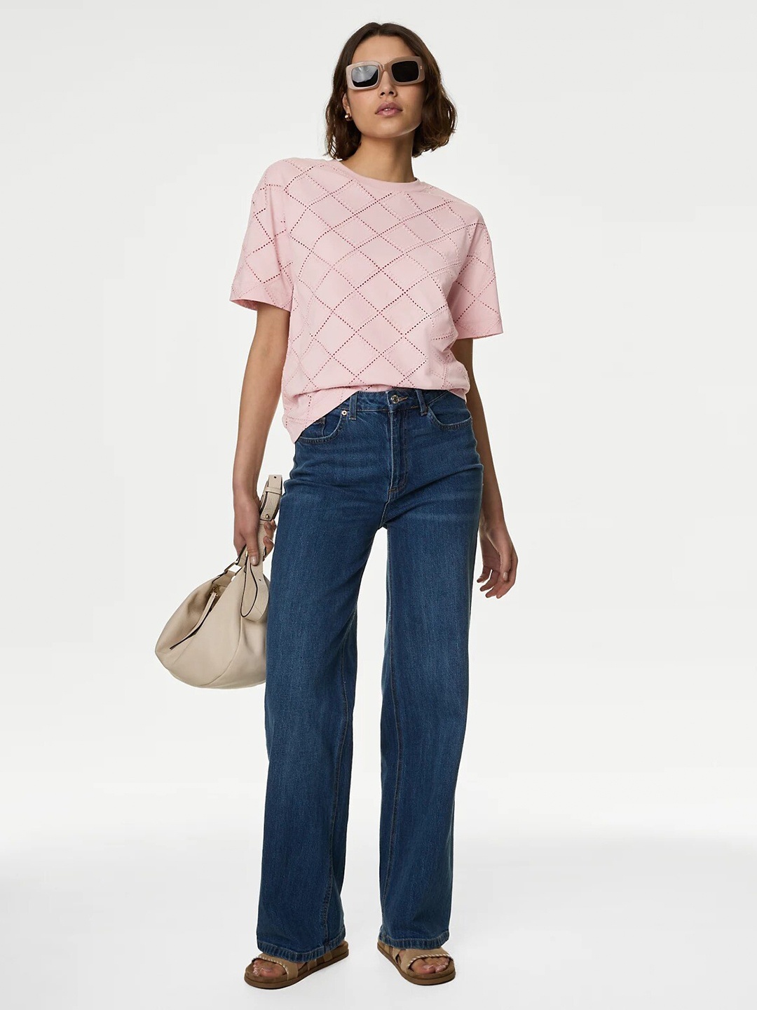 

Marks & Spencer Self Design Extended Sleeves Broderie T-shirt, Pink