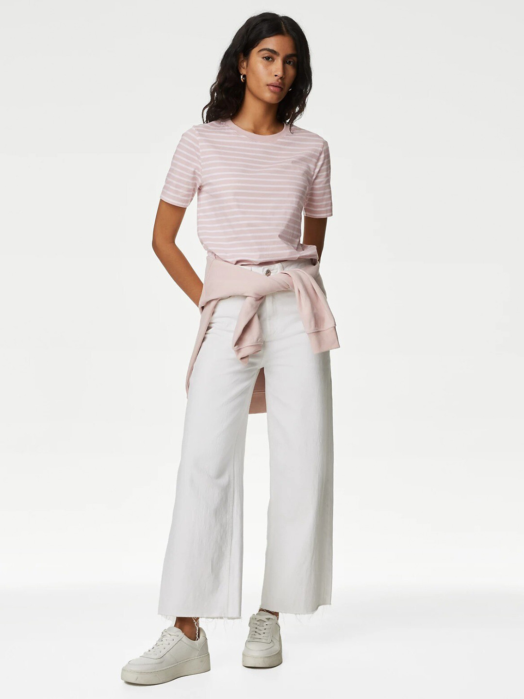 

Marks & Spencer Striped Pure Cotton Everyday Fit T-Shirt, Pink