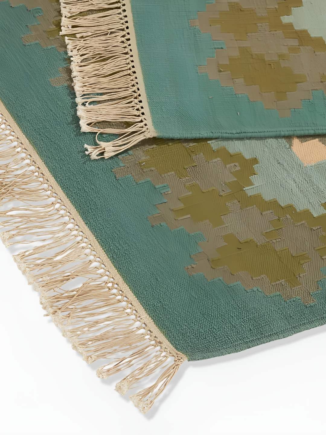 

Fabindia Green & Beige Printed Cotton Fringed Dhurrie