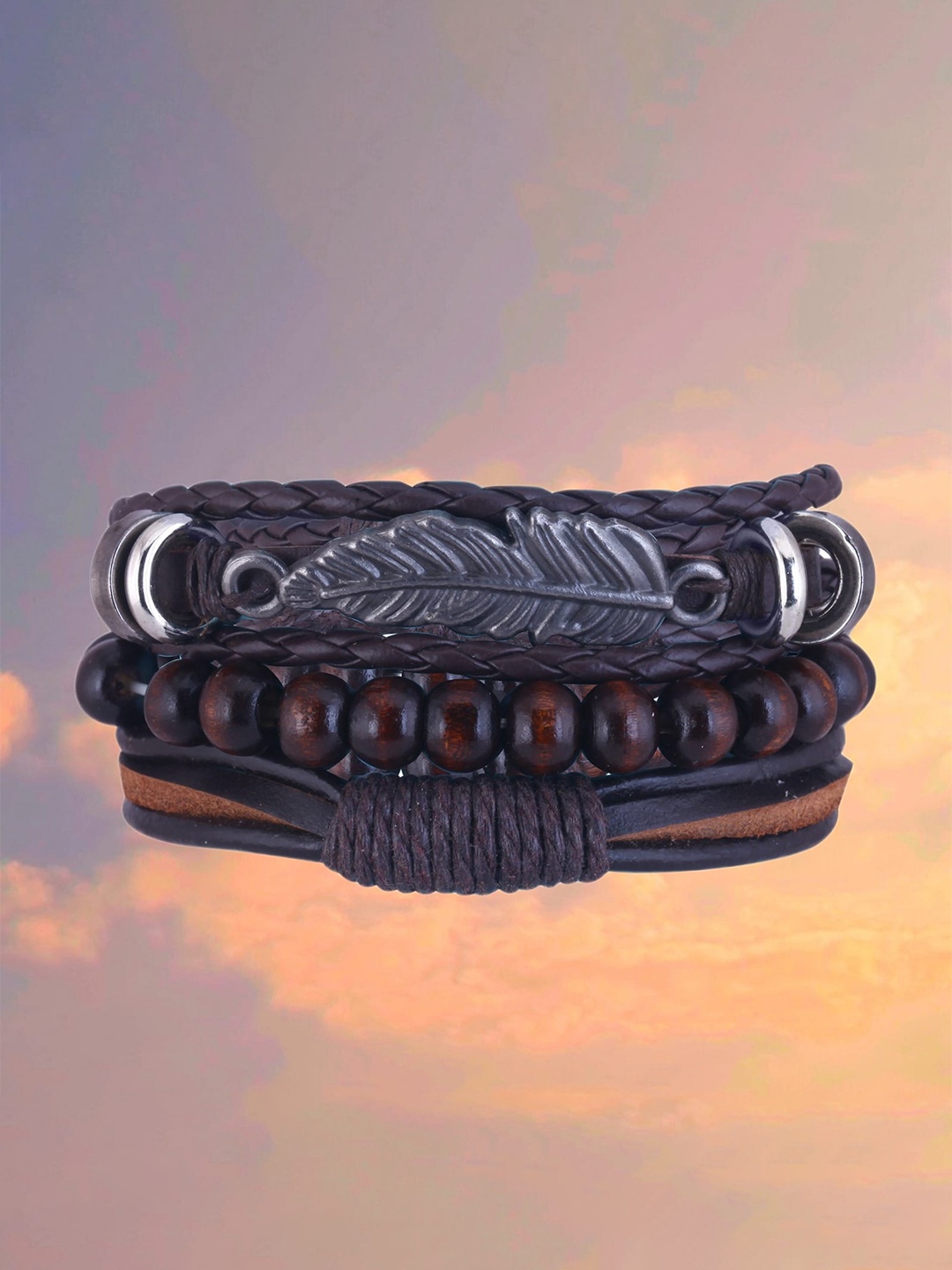 

MEENAZ Men Silver-Plated Leather Multistrand Bracelet, Black