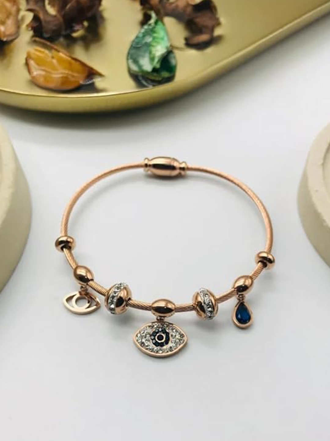 

MEENAZ Rose Gold-Plated American Diamond Studded Anti Tarnish Evil Eye Charm Bracelet
