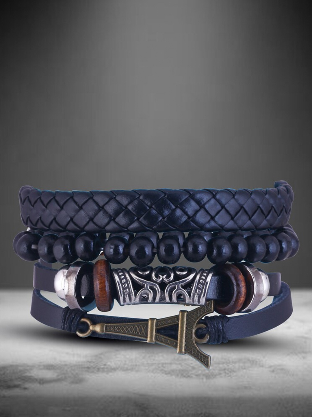

MEENAZ Men Leather Silver-Plated Multistrand Bracelet, Black