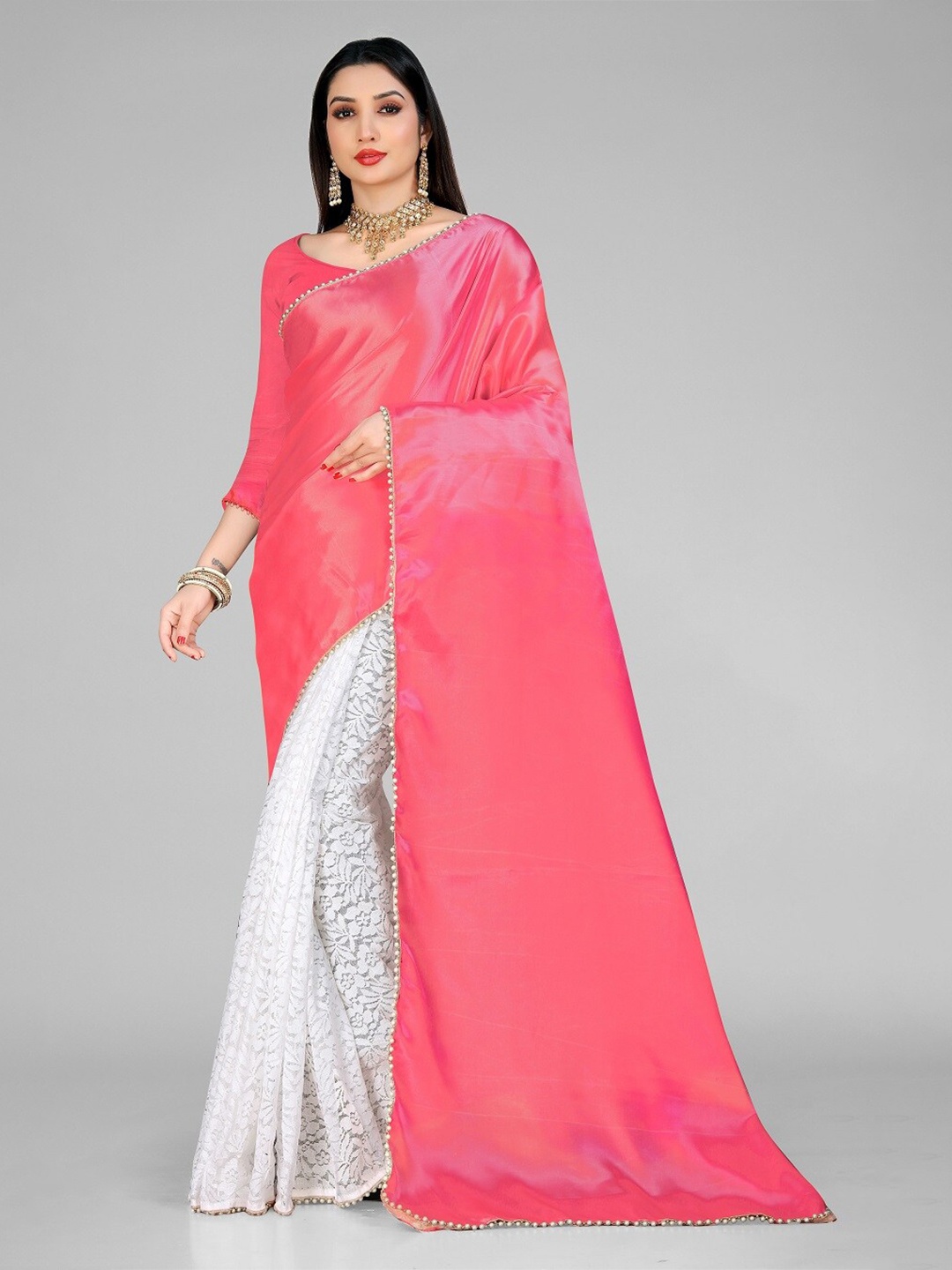 

LEOSAGI Floral Woven Design Beads and Stones Satin Bomkai silk Saree, Red