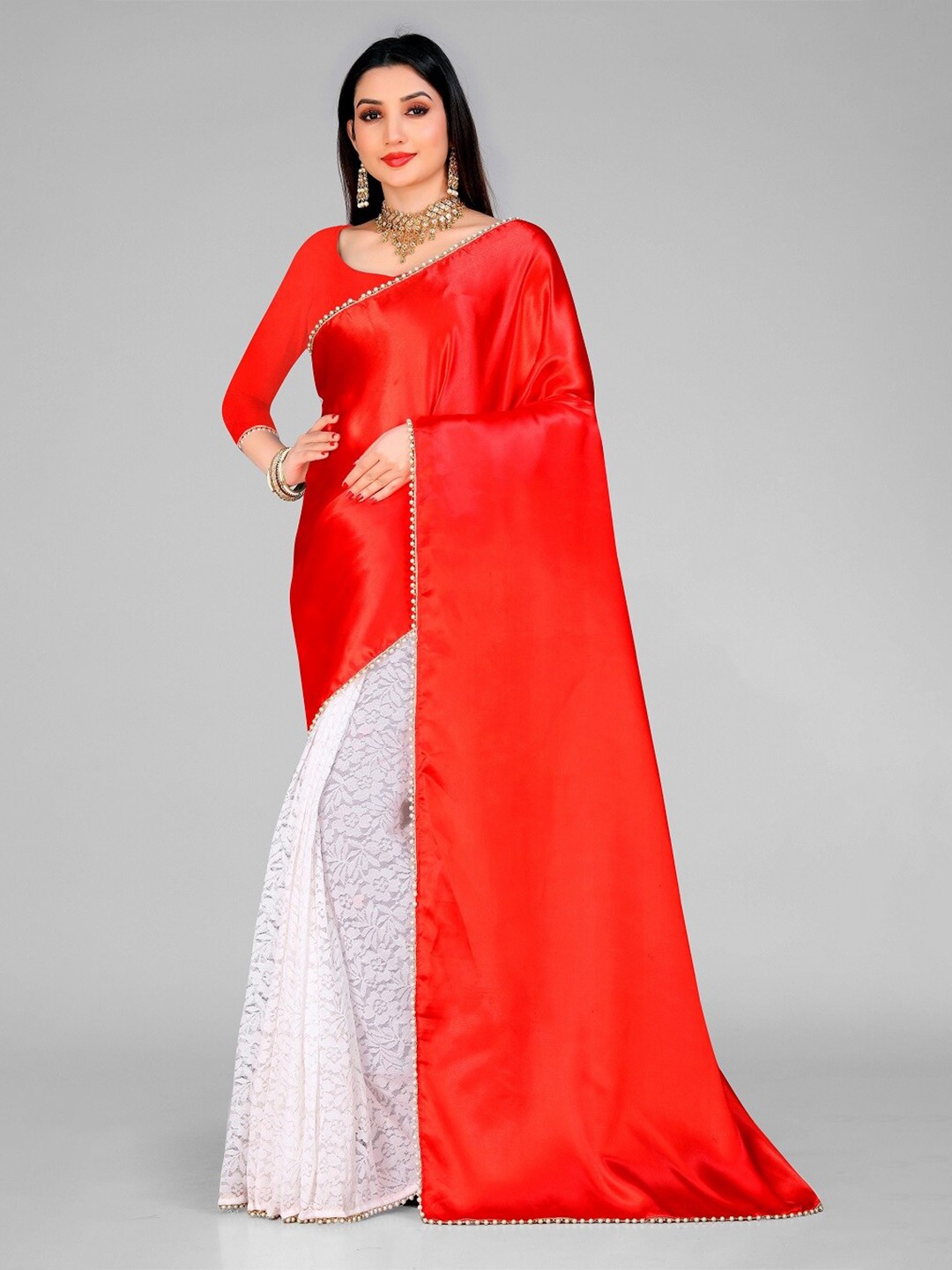 

LEOSAGI Floral Woven Design Satin Half and Half Bomkai silk Saree, Red