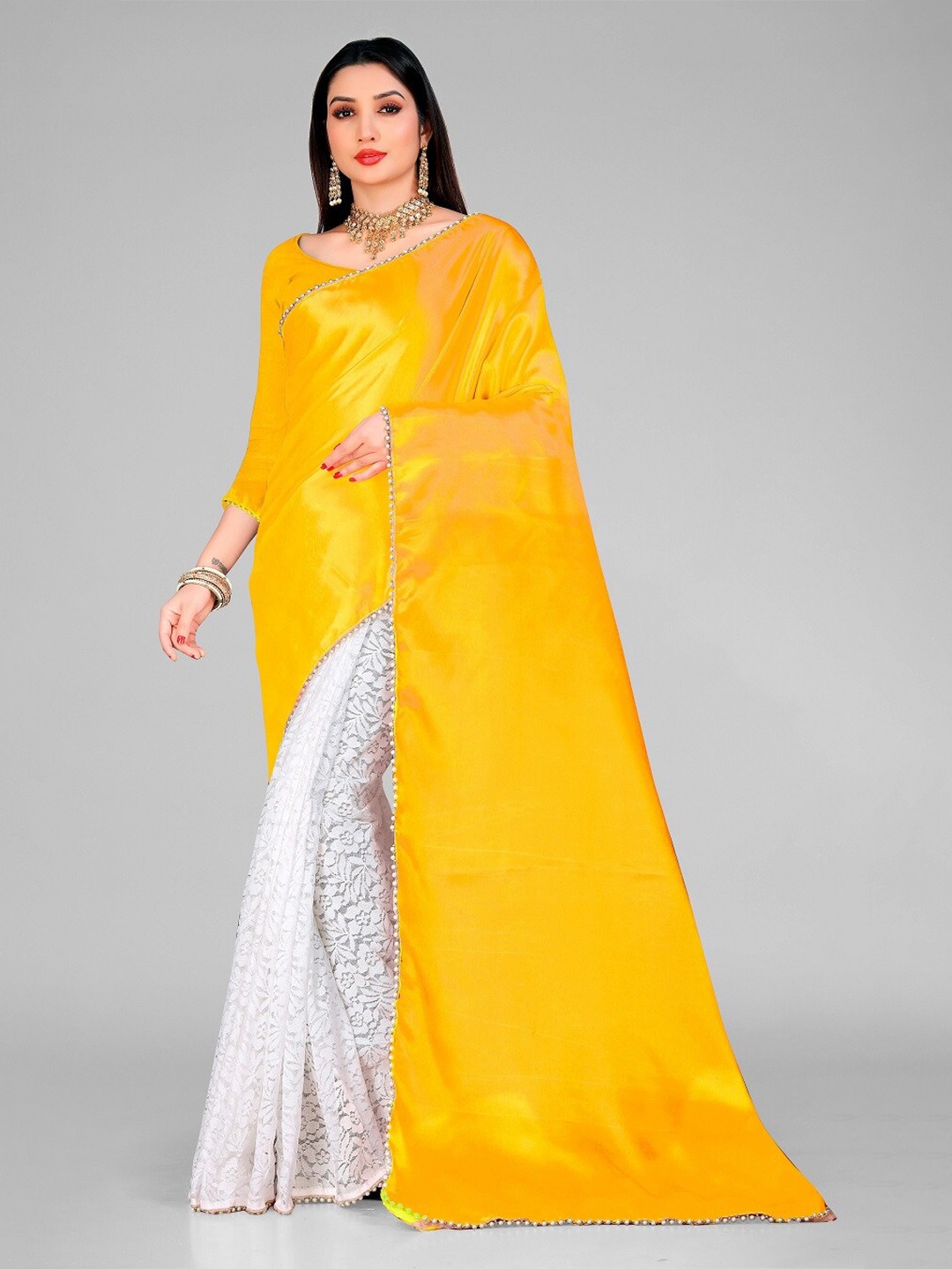 

LEOSAGI Floral Woven Design Satin Half and Half Bomkai silk Saree, Yellow